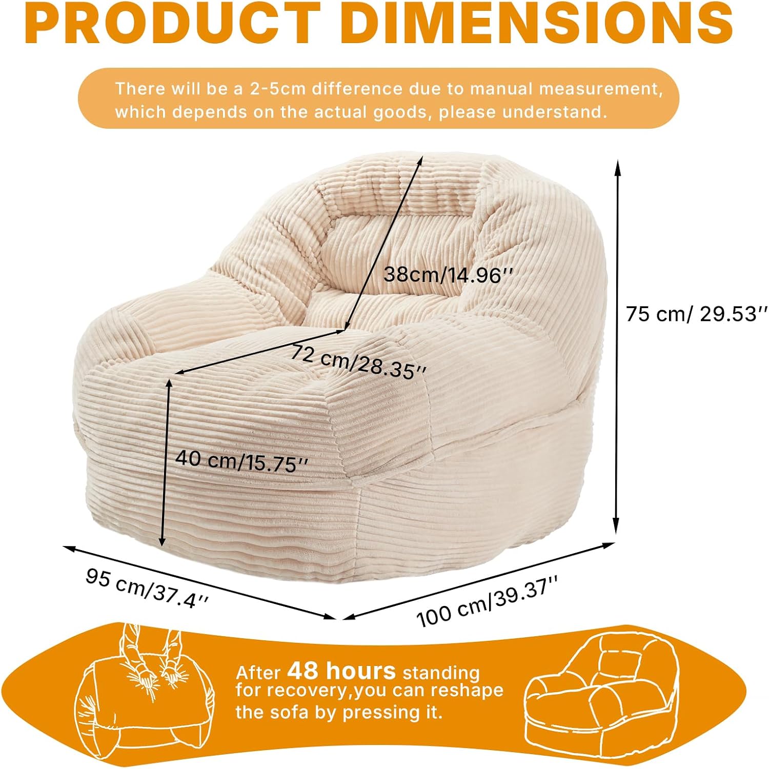 EBENCHICO Giant Bean Bag Chair for Adults and Teens, Corduroy Large Bean Bag Chairs with Armrests, Adult BeanBag Sofa Couch Chairs with Filler, Comfy Reading Chair Floor Sofa for Gaming, Napping