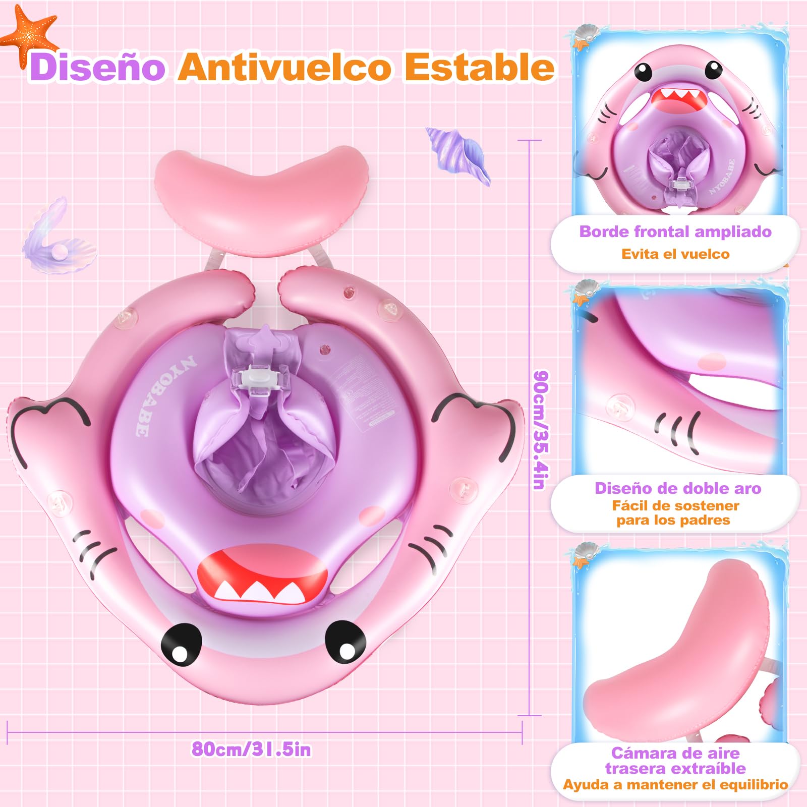 NYOBABE Flotador Bebe para 6-36 Meses, Flotador Bebe con Sombrilla UPF 50+ y Doble Cámara de Aire, Asiento de Seguridad Ajustable, Cámara de Aire Trasera Antivuelco, Flotador para Bebés 1-3 Año