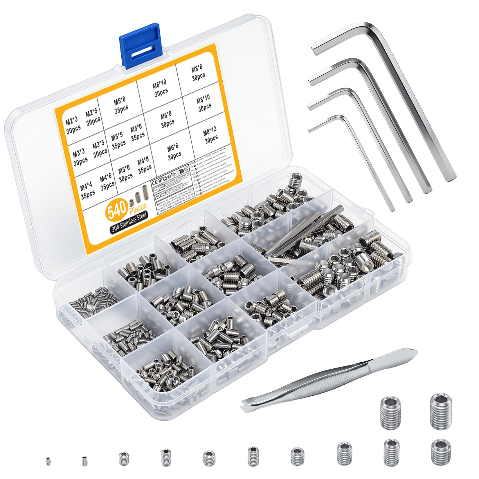 540 Pcs Grub Screws Assorted, Stainless Steel Hex Head Grub Screws for Door Handles, Allen Key Screwss, Set Screw for Taps, Bathroom Fixtures, Home Repairs (M2 M3 M4 M5 M6 M8, Silver)