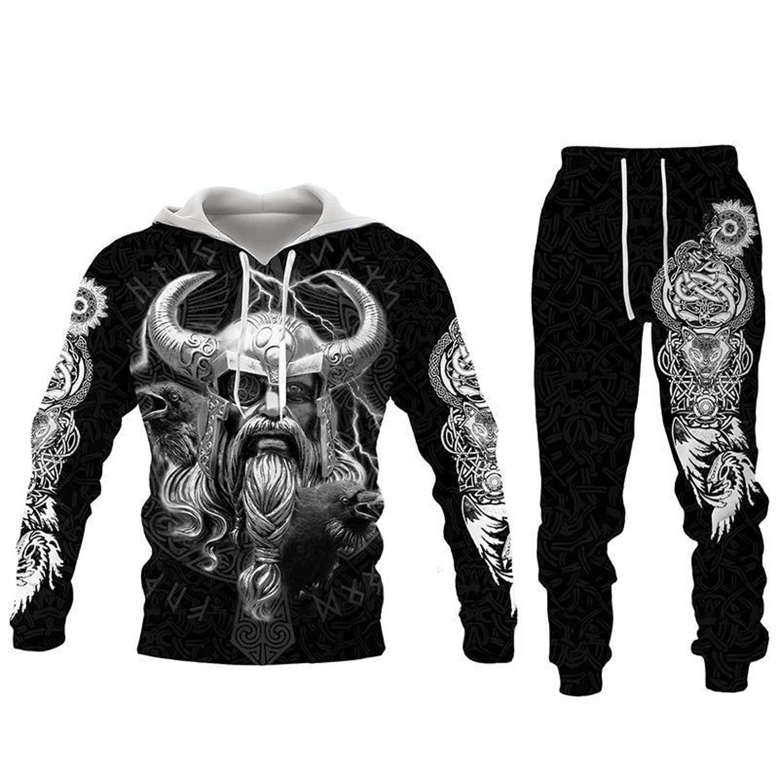 Kewing Men's # 6 Tracksuit Set Viking Warrior 3D Printed Hoodies And Jogger Pants Suit Two Piece Set Sportswear Casual Sweatshirt Set