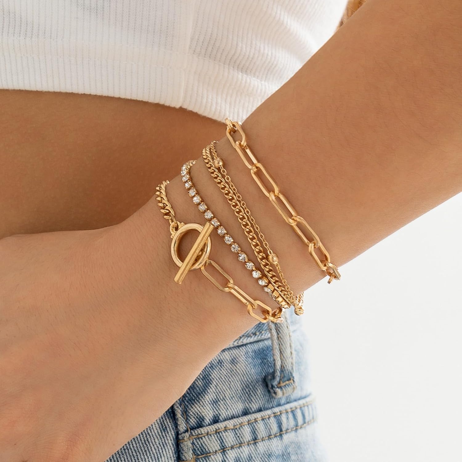 14K Gold Plated Layered Bracelet Set for Women, Boho Stackable Crystal Link Chain Bangles, Stacked Gold Bracelets Elegant Jewelry Gift for Wedding, Anniversary, Birthday - Image 9