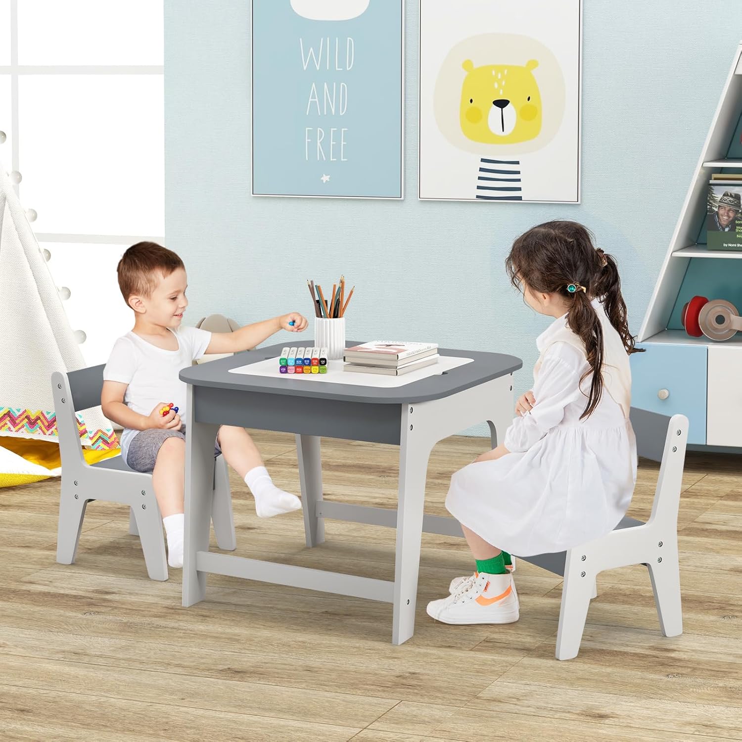 Costzon Kids Table and Chair Set, 3-in-1 Wooden Activity Table with Removable Tabletop, Blackboard & Whiteboard, Storage Space for Arts Crafts Nursery Preschool, Toddler Table and Chairs (Gray)