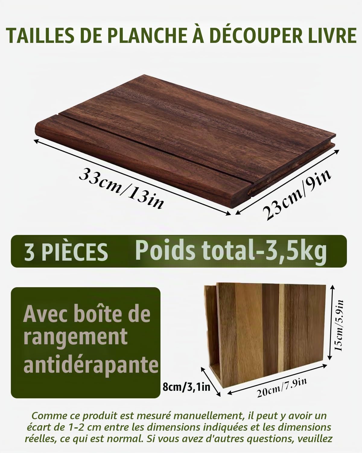 Lot de 3 planches à découper en forme de livre avec support, pré-huilée, adaptée aux couteaux, pour viande et légumes, cadeaux pour la cuisine