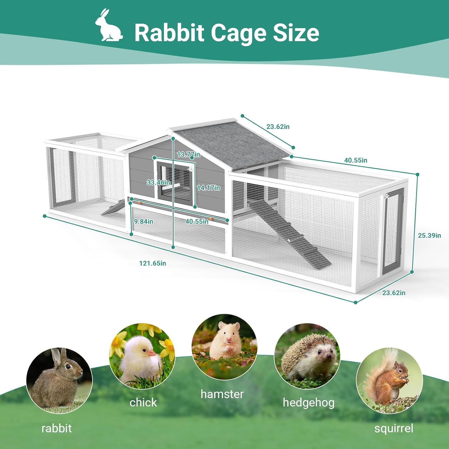 122" Large Wood Rabbit Hutch, Indoor Outdoor Rabbit Cage with Pull-Out Tray, Waterproof Asphalt Roof, Spacious Run Area, 2 Story Bunny Cage for Rabbit Chick Small Animals, Gray