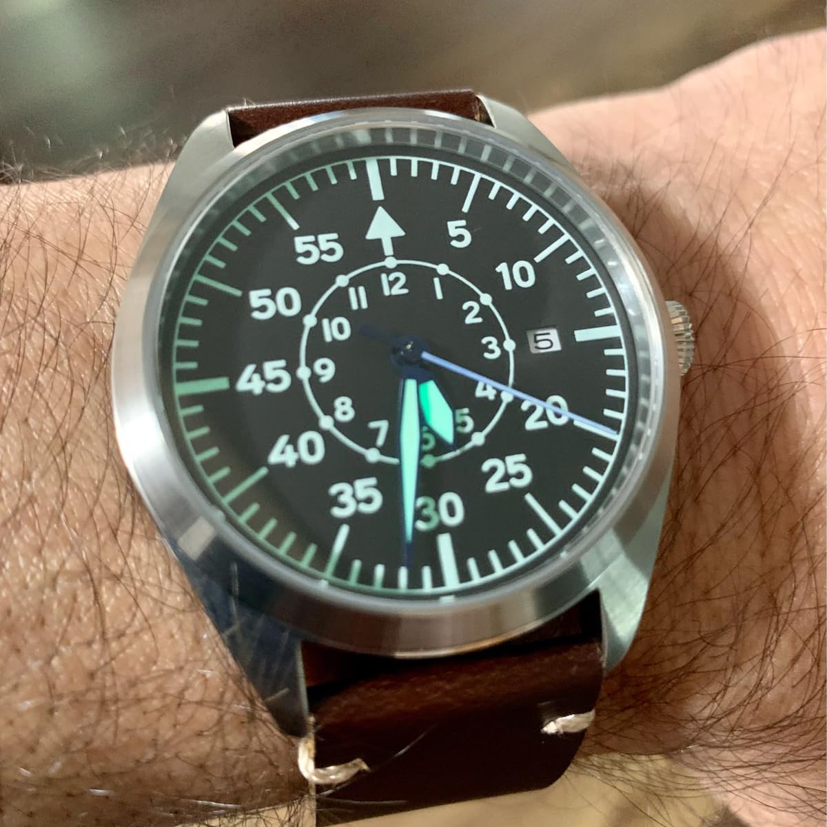 Boyarca Reloj de piloto para Hombre, Reloj de Pulsera de Aviador, Relojes mecánicos automáticos, Caja de Acero Inoxidable y Correa de Cuero Genuino, Flieger Timepieces.