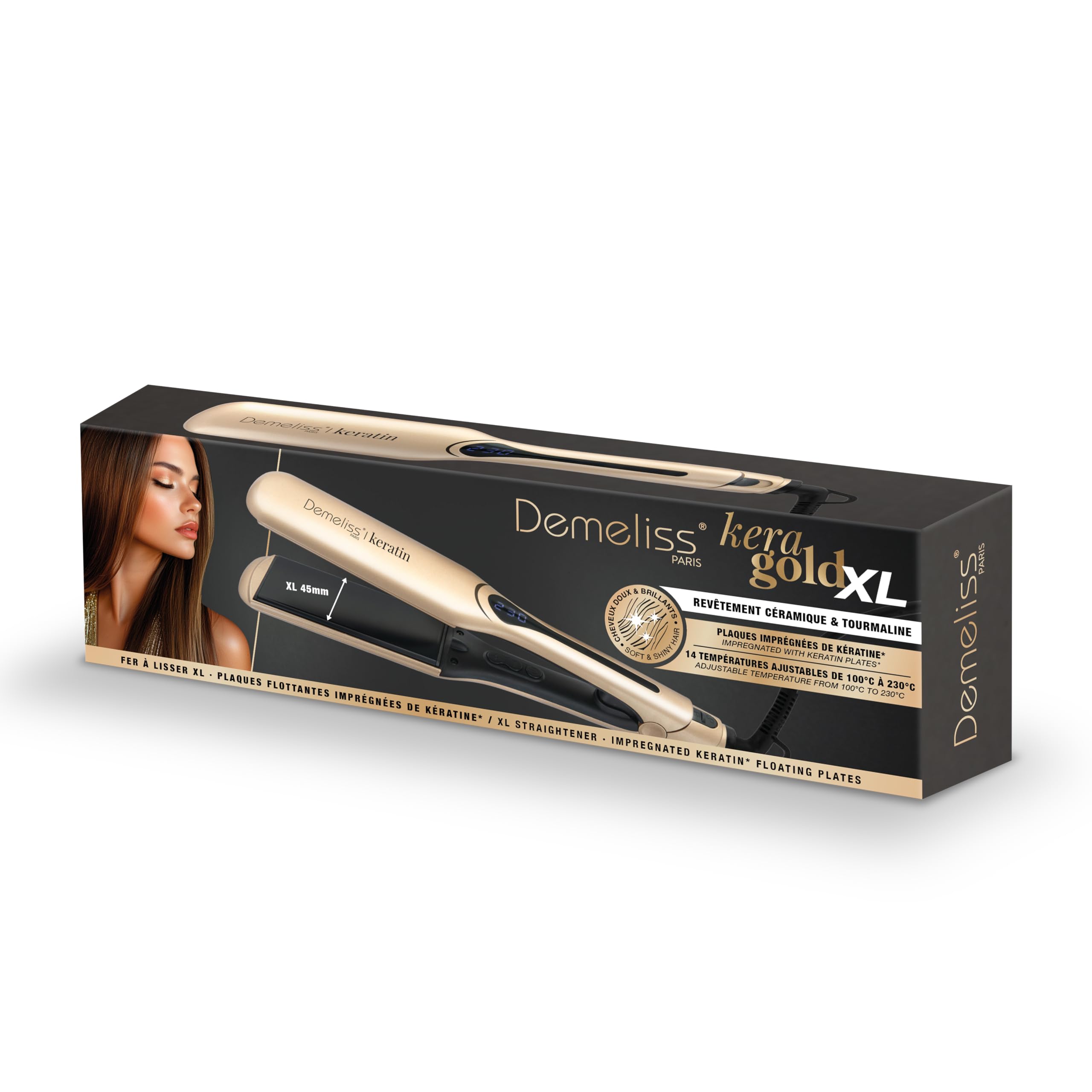 Demeliss Saint Algue Plancha Kera-GOLD XL – Placas anchas de queratina – 14 temperaturas, pantalla digital – Cable giratorio 360° – Suavizado profesional – Apto para todo el cabello – Pantalla digital