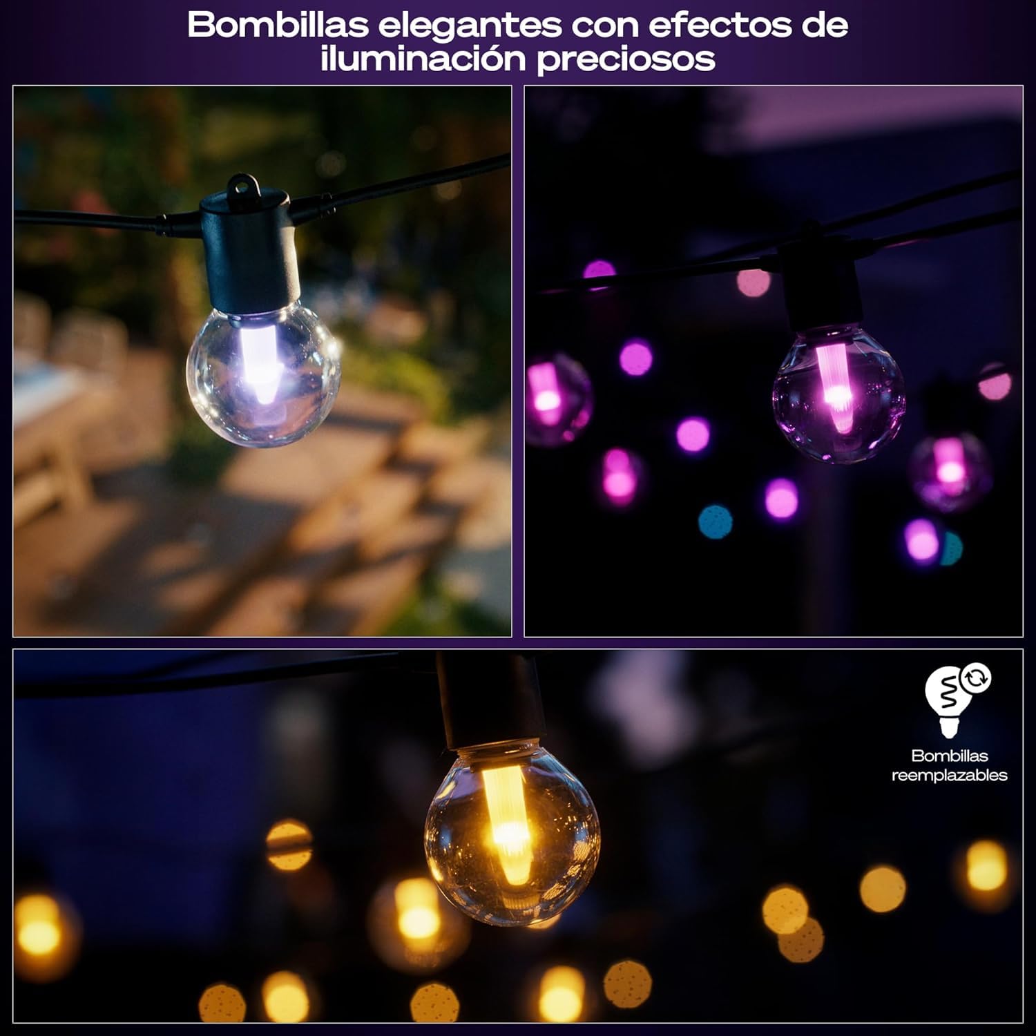 Philips Hue Festavia - Guirnalda de luces exterior, 21m, RGB, 30 bombillas LED, luces de colores regulables para iluminación jardín, control con app, funciona con Alexa, Google Assistant y Apple Home