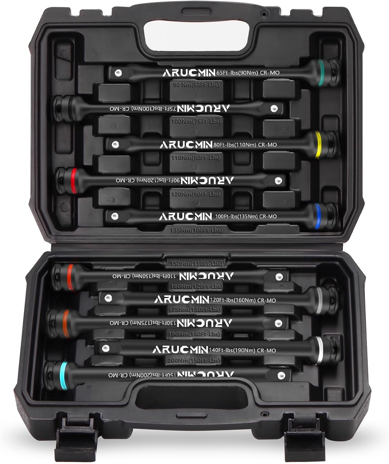 1/2" Drive Torque Limiting Extension Bar Set, 10-Piece Lug Nut Torque Stick Set With 8 Inch Color-Coded 65 to 150 Ft-Lbs Torque Sticks