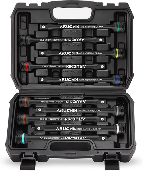 ARUCMIN 1/2" Drive Torque Limiting Extension Bar Set, 10-Piece Lug Nut Torque Stick Set With 8 Inch Color-Coded 65 to 150 Ft-Lbs Torque Sticks