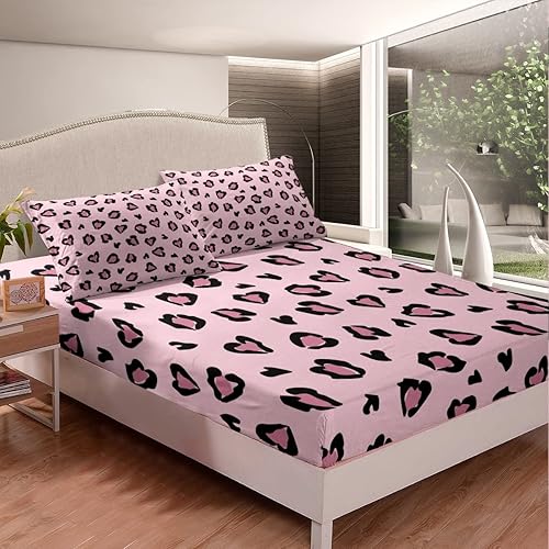 Miniatura 3 de Erosebridal Sábanas de tamaño matrimonial con estampado de leopardo rosa para niños y niñas, juego de ropa de cama de microfibra para todas las