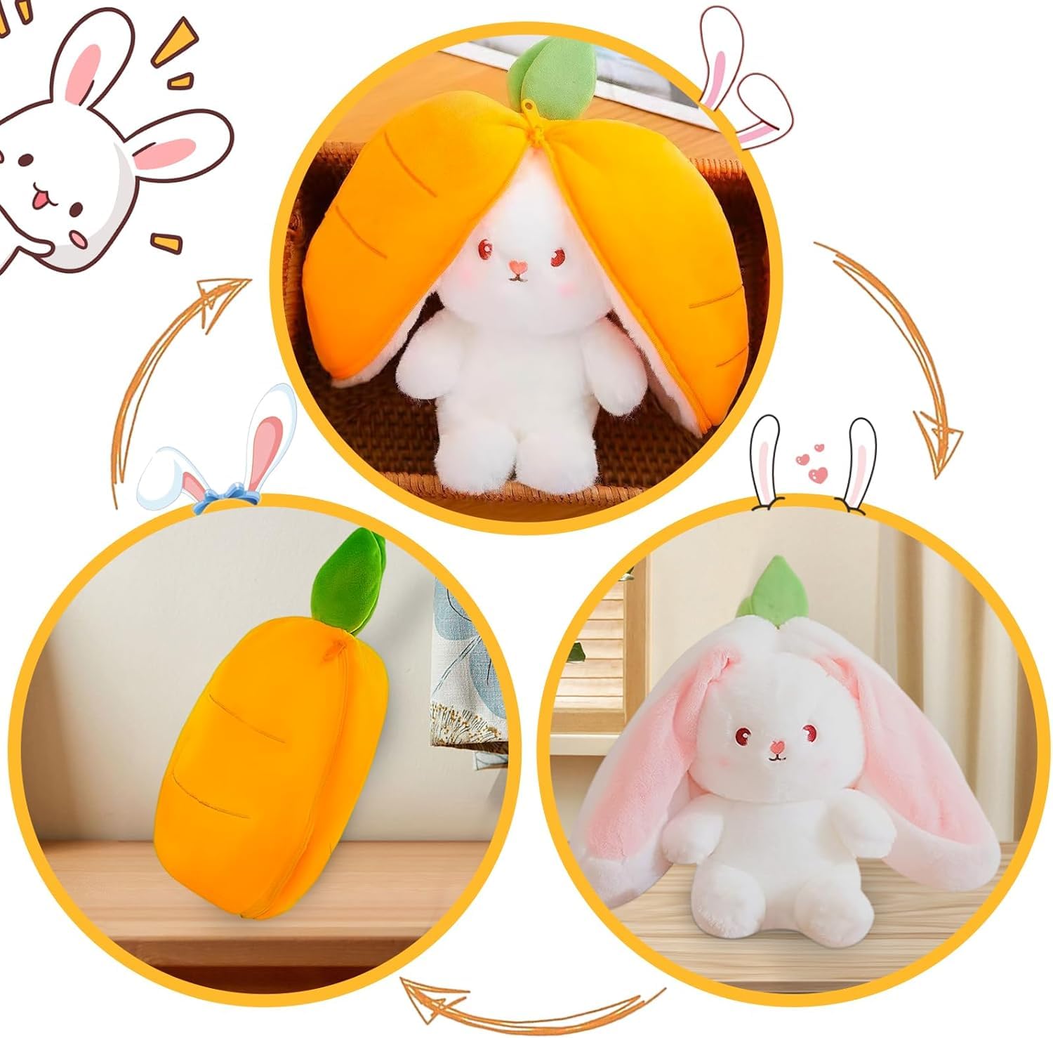 Peluche Lapin Carotte Transformable 24 Cm – Jouet En Peluche Jaune, Poupée Lapin De Pâques Douce