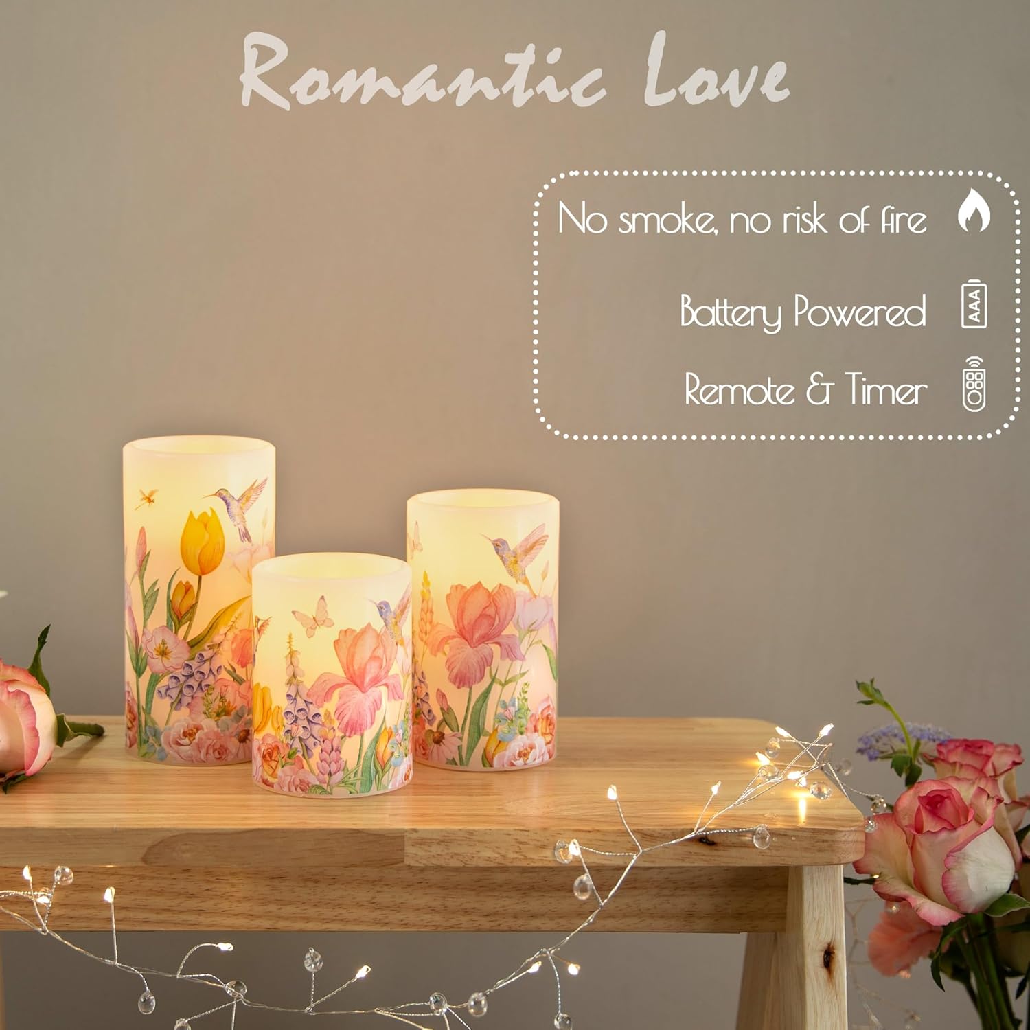 LUSHARBOR Flameless Candles with Remote, Battery Operated Candles Real Wax Hummingbird Flickering LED Candles Floral Christmas Decor Electric Pillar Candles Set of 3