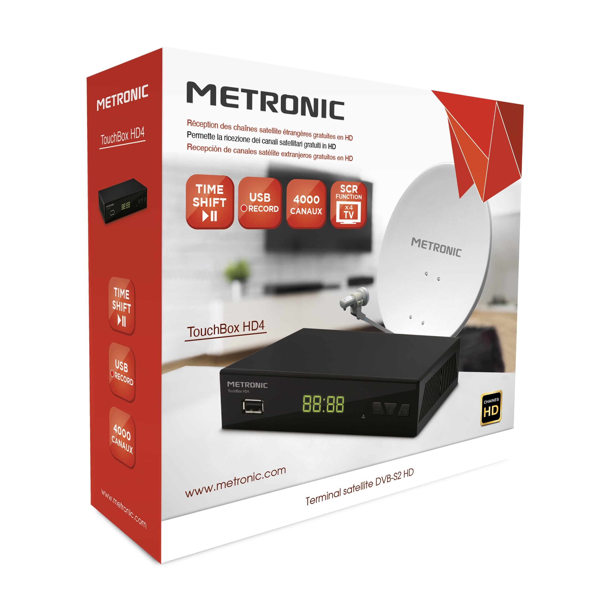Metronic Décodeur Satellite Numérique TNT HD Touchbox HD4 / chaînes HD gratuites et l’Ensemble des chaînes étrangères gratuites/HDMI Démodulateur, Récepteur, Boitier, Tuner, Enregistreur TV - 441376