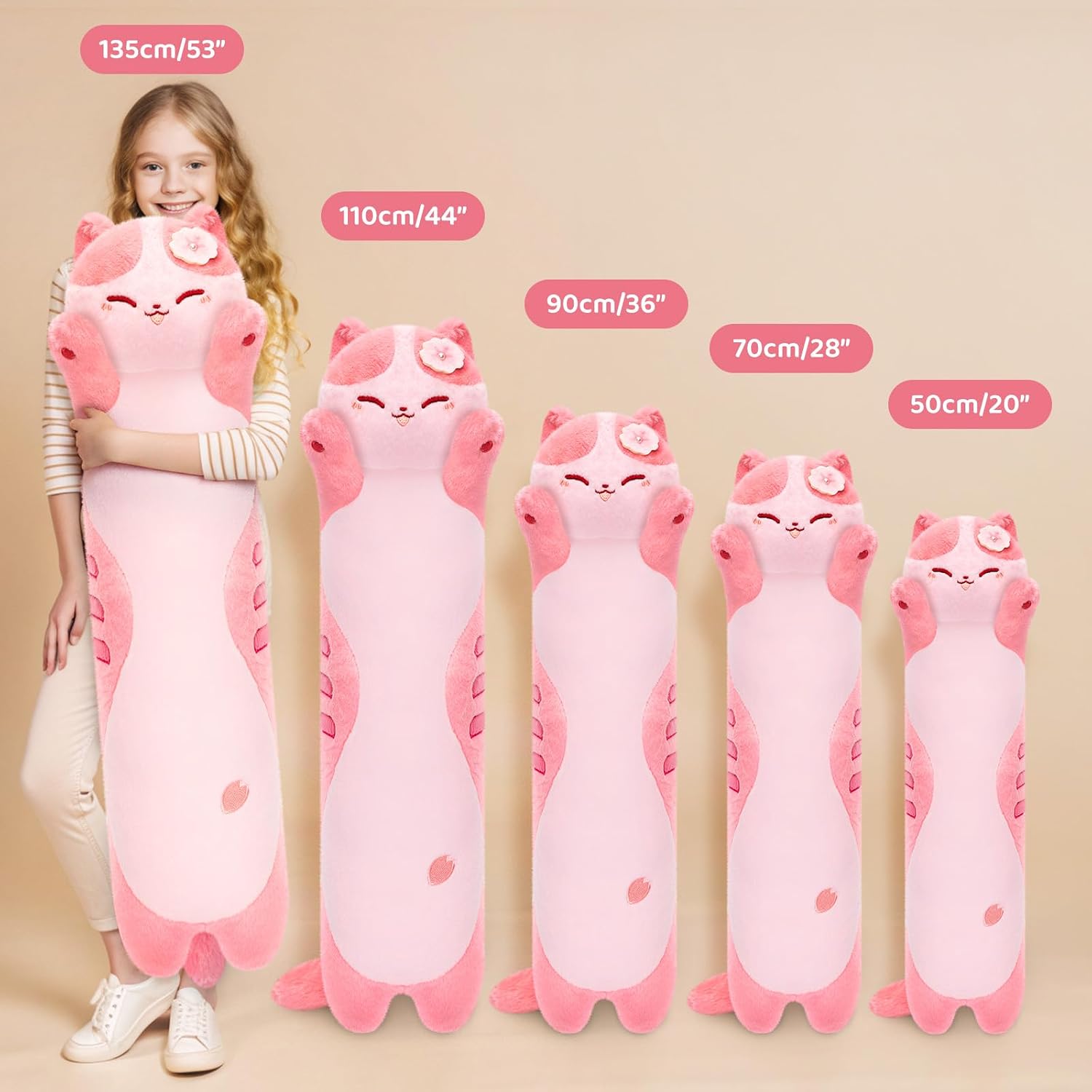 Mewaii Artist-Designed Ultra Soft Long Cat Plush Body Pillow, Extra Stuffing for Comfort, Premium Quality Stuffed Animal Gift for Girlfriend or Cat Lovers (Cherry Blossom Pink Cat Body Pillow 44 Inch)