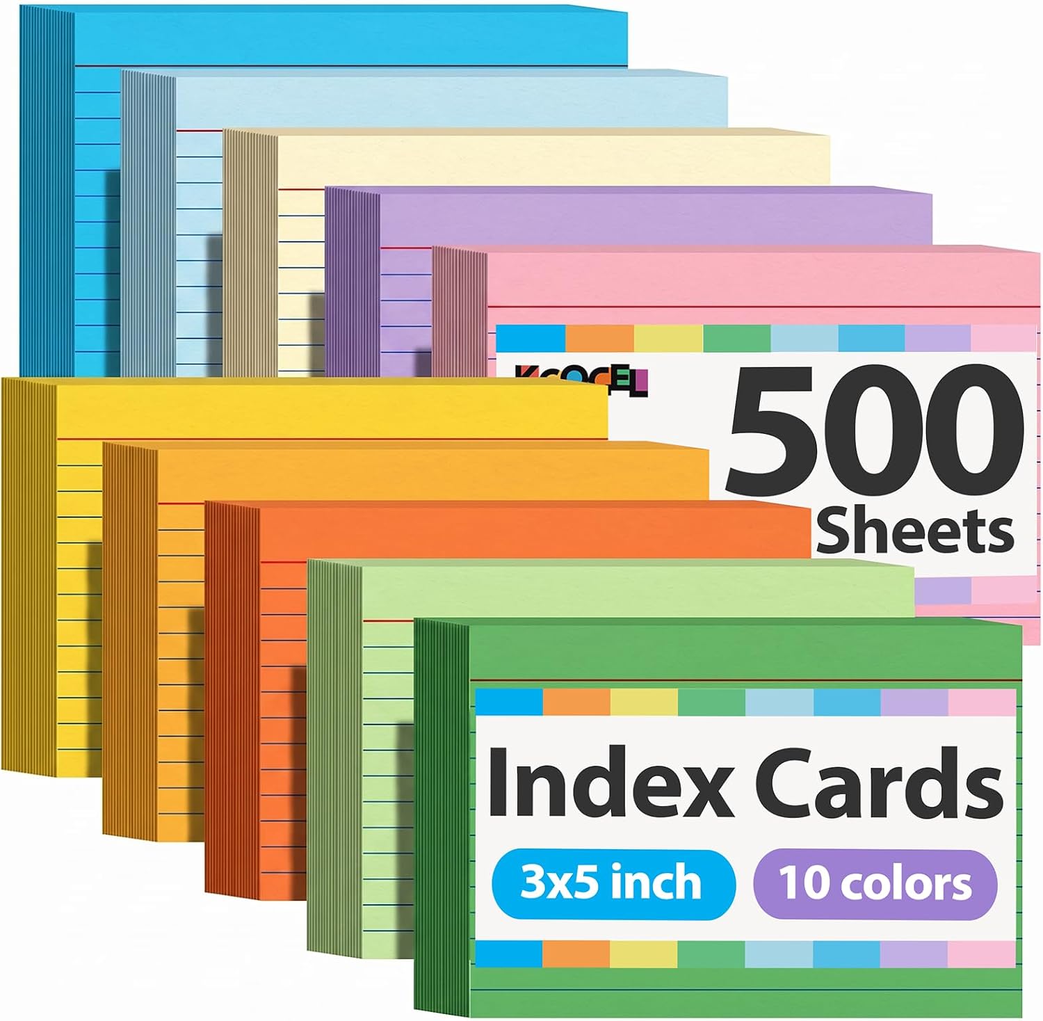 Koogel 500PCS Colored Index Cards 3" x 5", 10 Colors Ruled Flash Cards