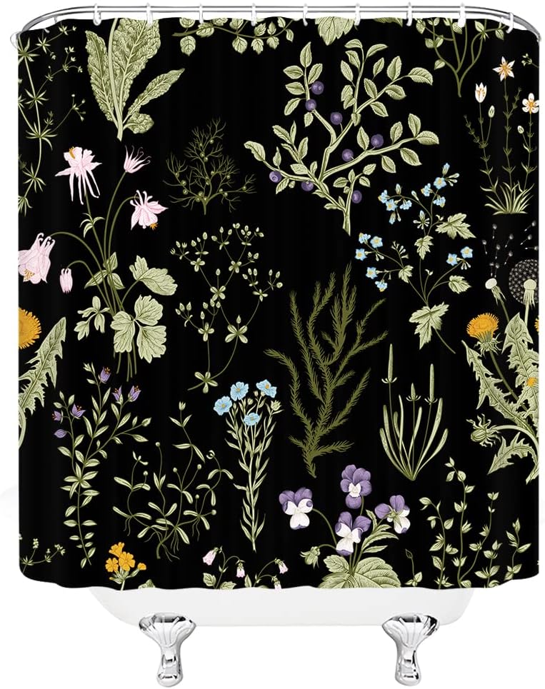 Black Floral Shower Curtain Vintage Flower Herbs Botanical Spring Rustic Nature Wildflower Bathroom Decor Polyester with Hook