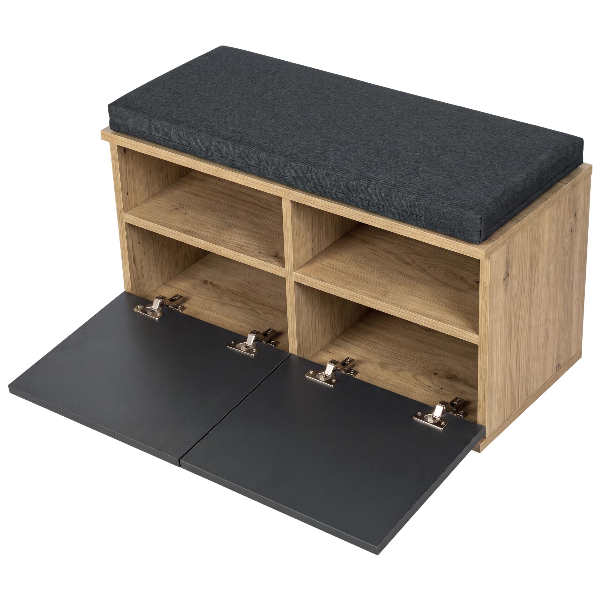 [en.casa] Banc à Chaussures avec 2 Portes Range-Chaussures à 4 Niveaux Meuble de Rangement pour Entrée Panneau de Particules Textile 42 x 80 x 35 cm Effet Chêne Noir