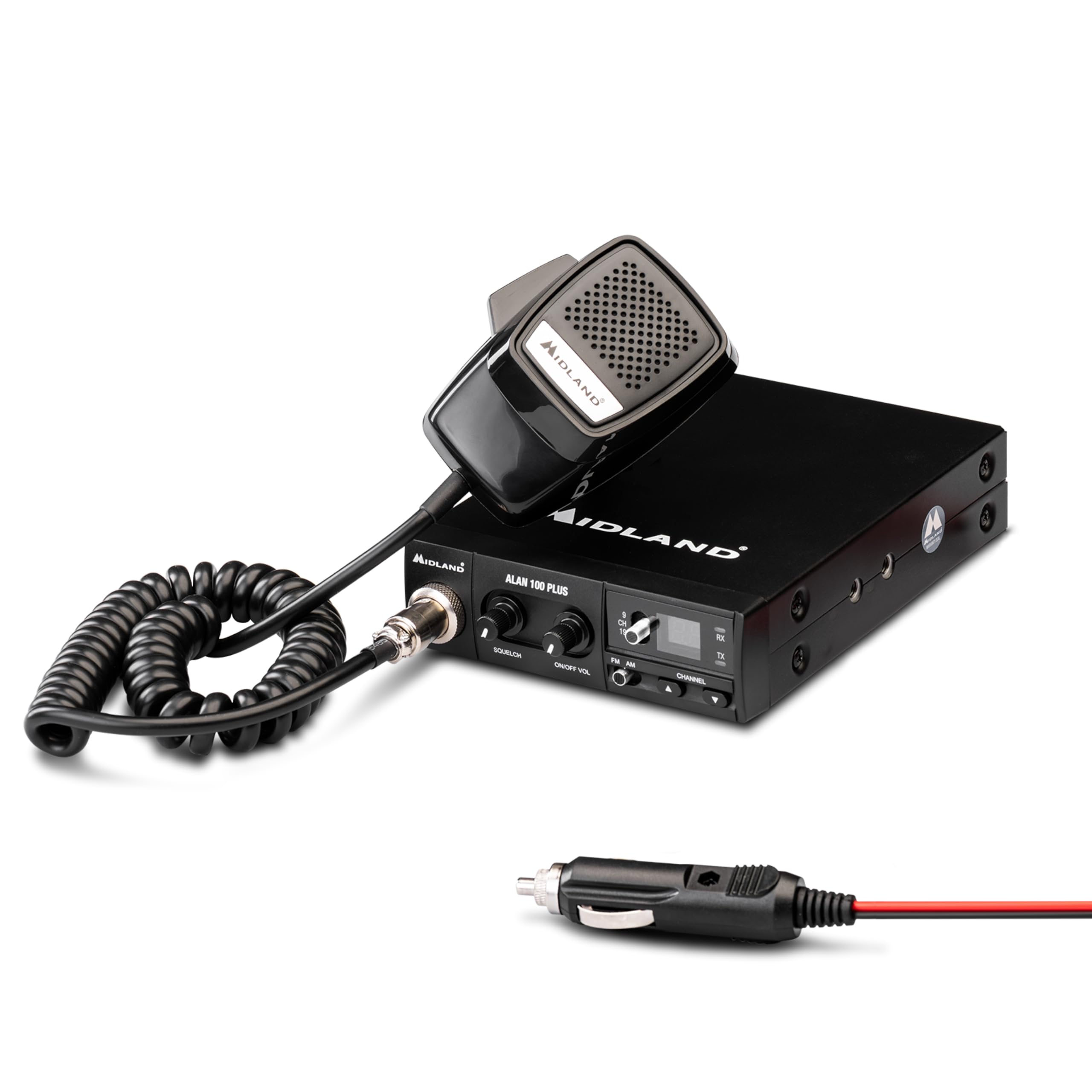 Midland Alan 100 Plus B C442.12, CB Radio Ricetrasmittente Veicolare 40 Canali AM/​FM per Camion e Camper, Ricetrasmettitore con Microfono 4 Pin, Display Canali, Squelch e Pulsanti Up-​Down, Nero
