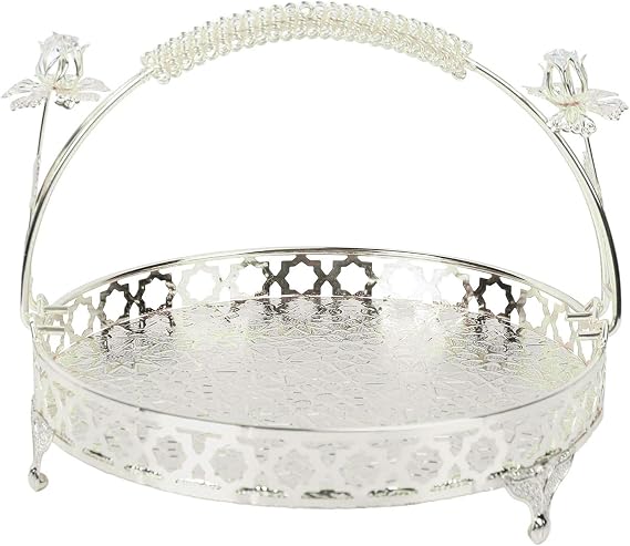 GLOGLOW Retro Style Round Fruit Tray with Large Capacity & Handle Design - Strong Alloy Decorative Fruit Bowl for Parties, Family gatherings, Bars, and Cafes (Silver)