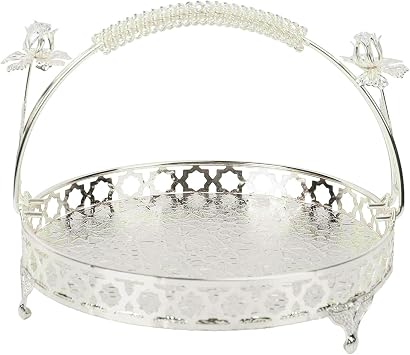 GLOGLOW Retro Style Round Fruit Tray with Large Capacity & Handle Design - Strong Alloy Decorative Fruit Bowl for Parties, Family gatherings, Bars, and Cafes (Silver)