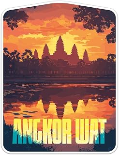 Sunset Angkor Wat Sticker - Waterproof Vinyl Decal for Car Bumper, Laptop, Water Bottle, Bookcase, Phone Cases, Wall, and Window, Size - 3'' Longer Side