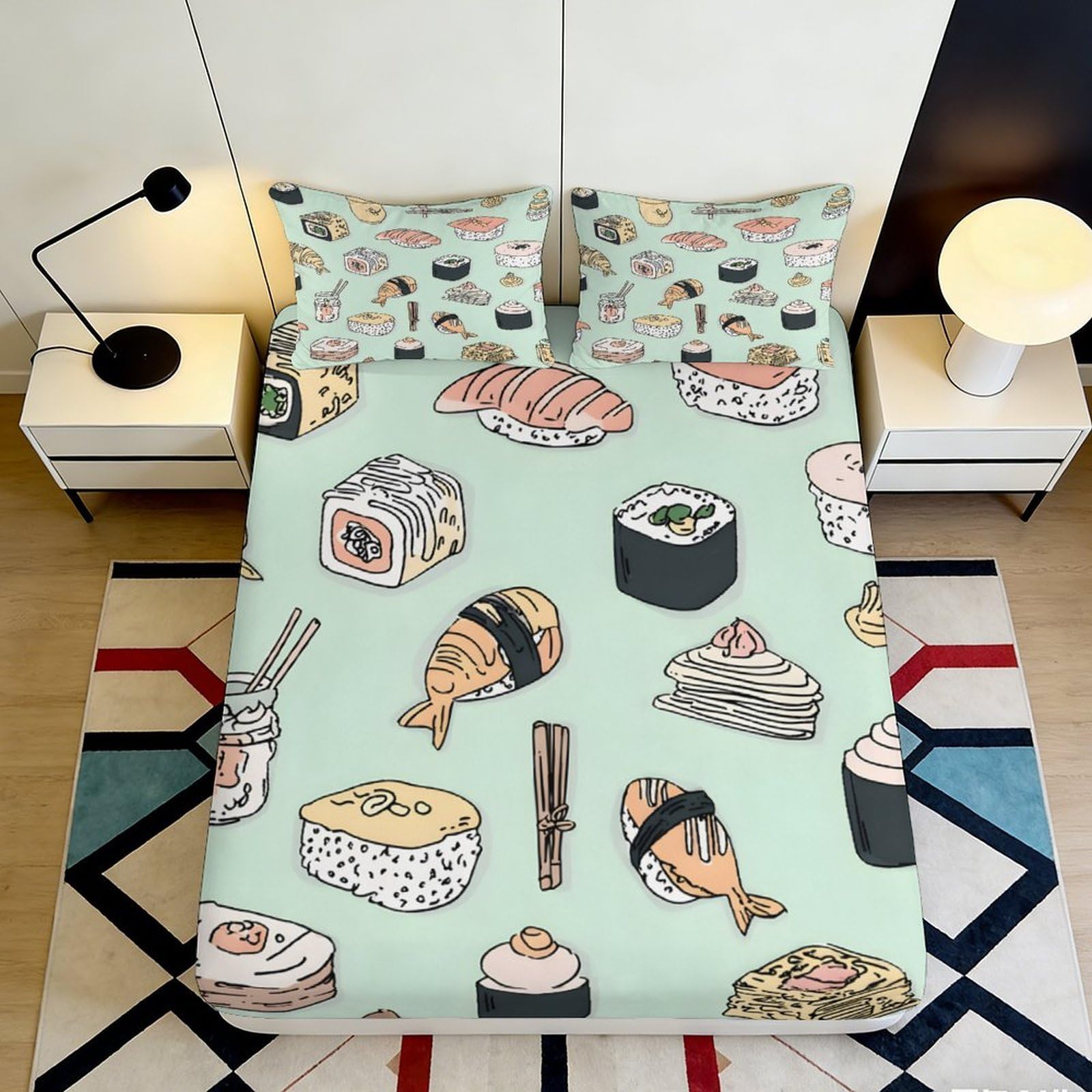 3D Printed Sushi Pattern Fitted Sheet Microfiber Soft Breathable Cartoon Food Bed Cover for Bedroom Dormitory Guest Room Mattress Protection Decor 90x200x25cm