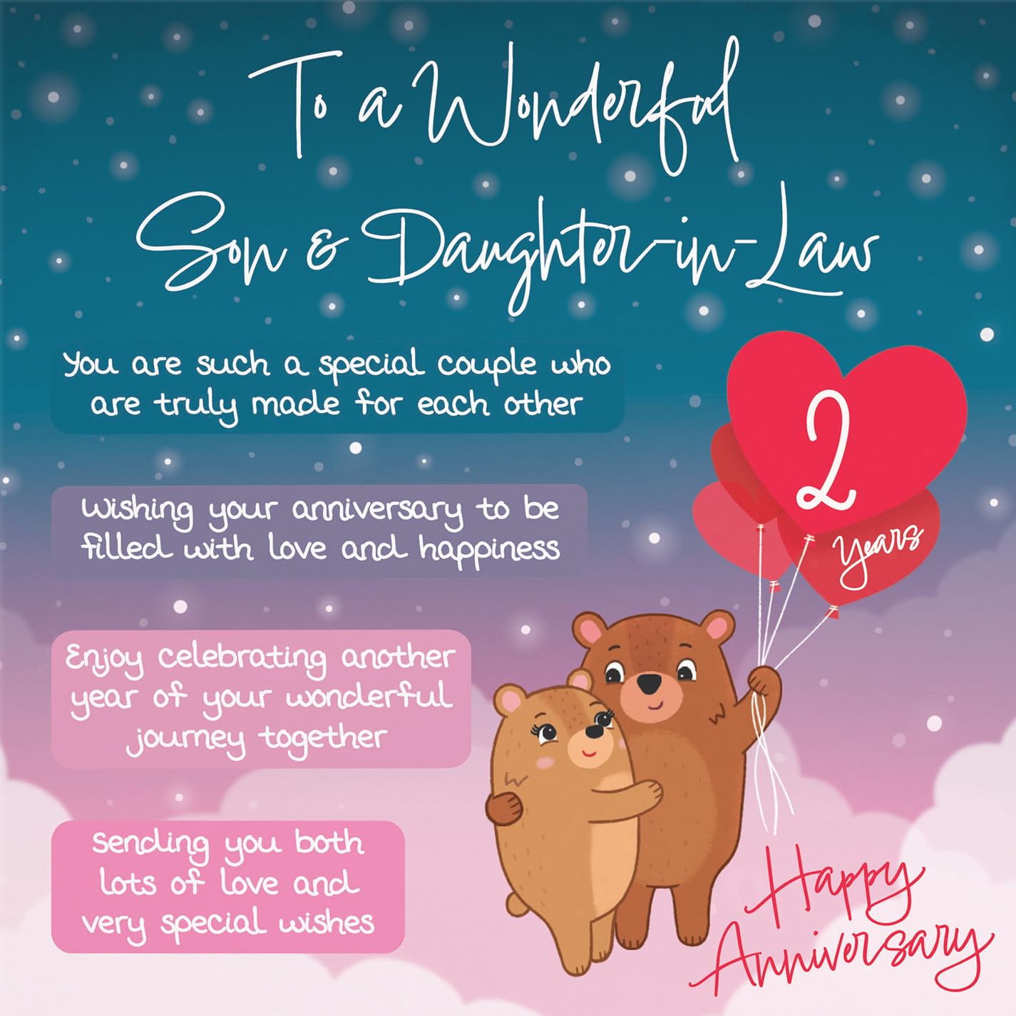 Hunts England, Son And Daughter In Law 2nd Anniversary Card, Starry Night, Cute Bears - Image 2