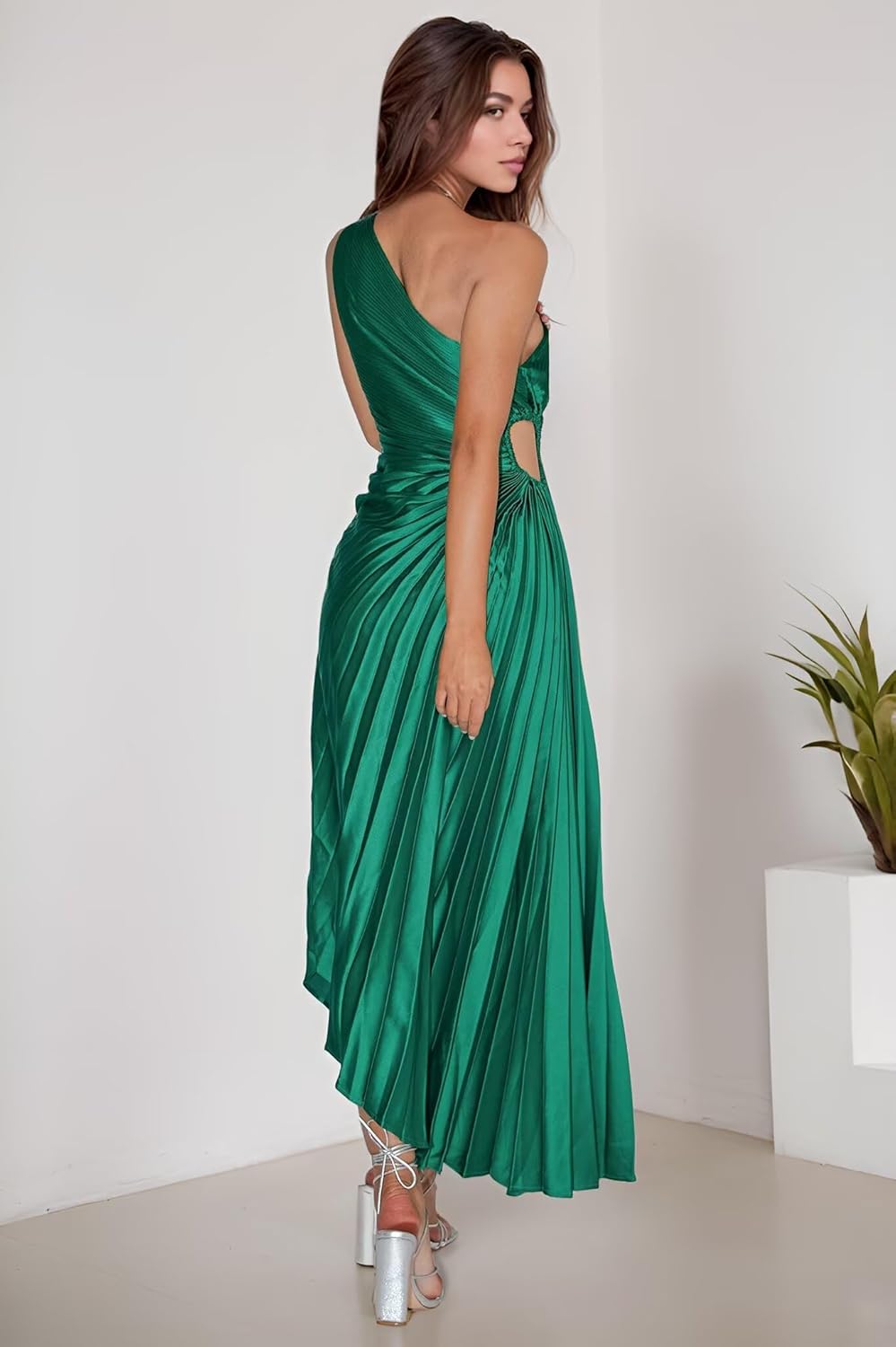 Dream Wedding Long One Shoulder Prom Dresses Ruched Satin Pleated Formal Evening Dresses Sexy Cutout Party Gowns DR0640
