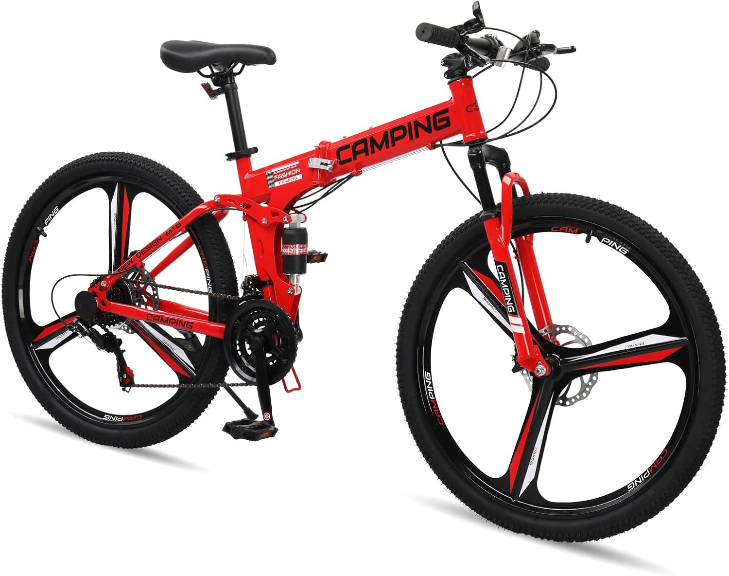 CamPingSurvivals 26" Foldable Bike, 21 Speeds Folding Bikes for Adults, Bicycle for Men & Women with Full-Suspension, Double-Walled Tire, Dual Disc Brake, Quick Release and Unique Wheel Look
