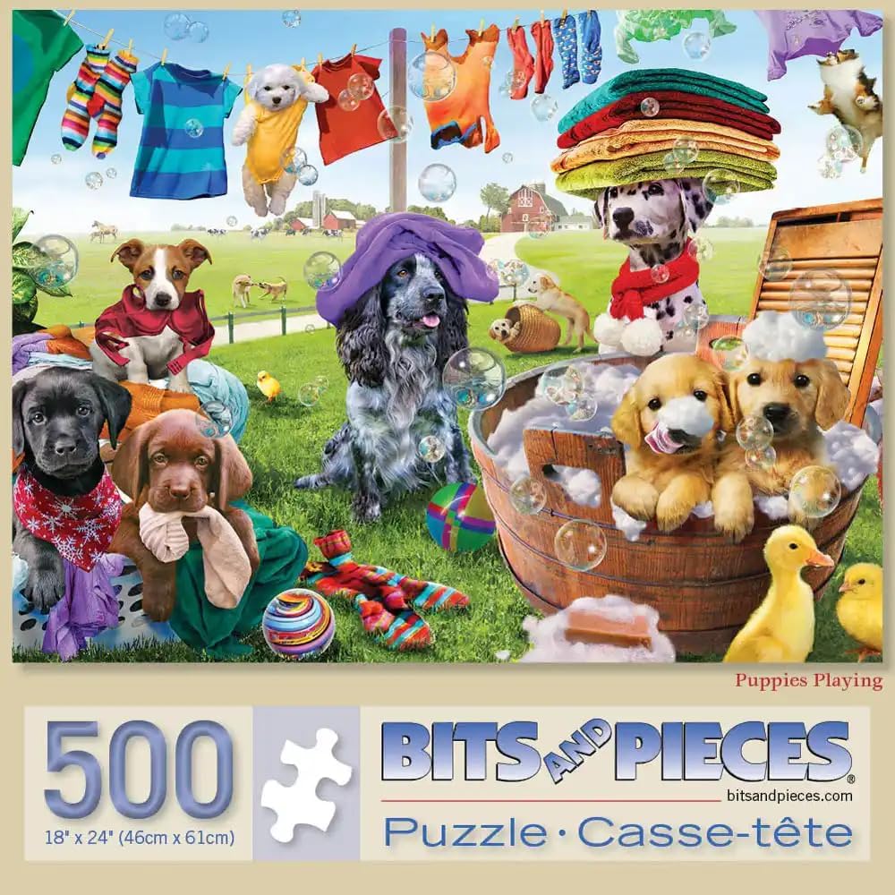 Bits and Pieces – Large Piece Jigsaw Puzzle for Adults – ‘Puppies Playing’ by Artist Adrian Chesterman (500 Piece Puzzle)