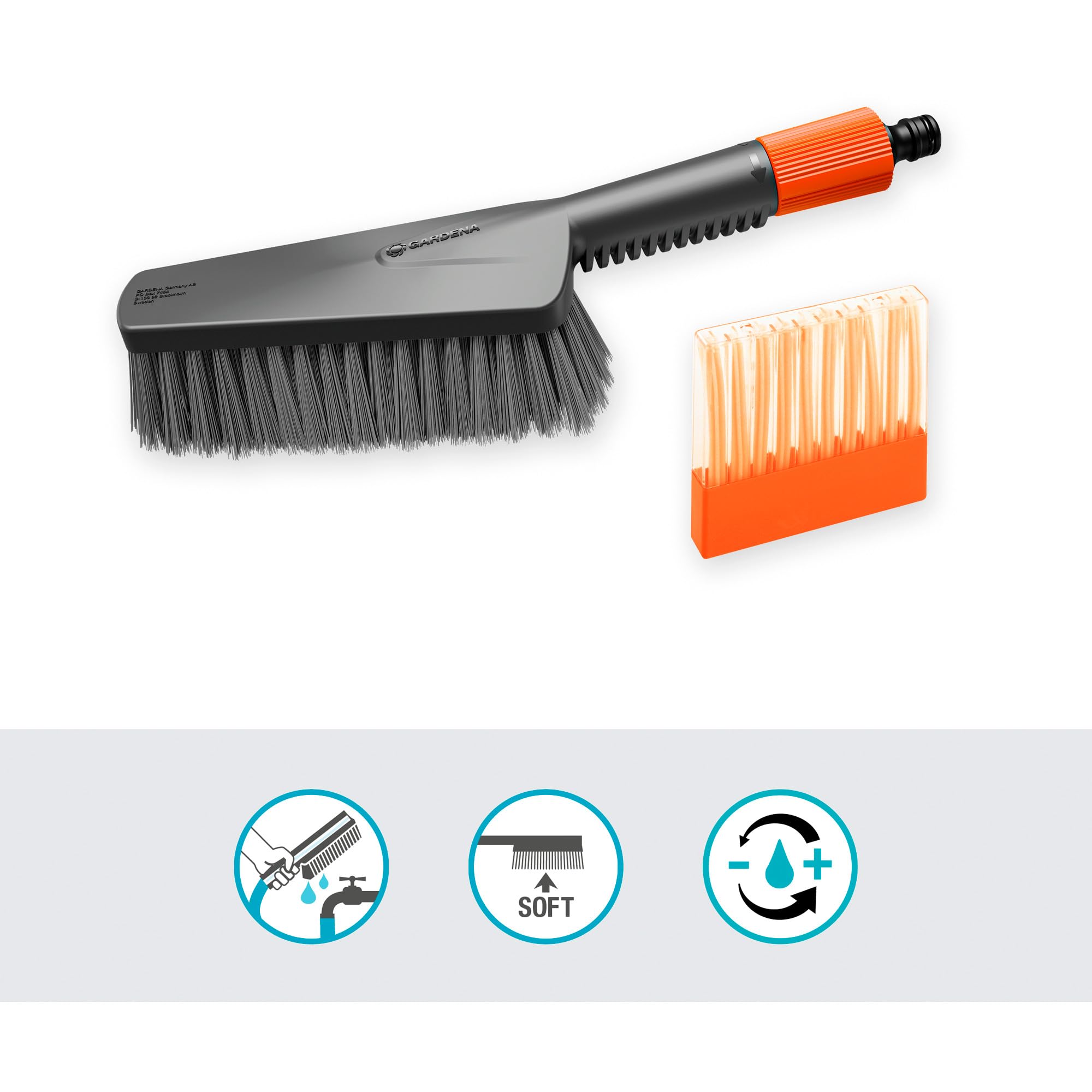 Gardena Cleansystem Juego de Lavado con Cepillo de Mano M Suave: para superficies pequeñas y delicadas, con flujo regulable, incl. barritas de champú para una limpieza eficaz (18863-20)
