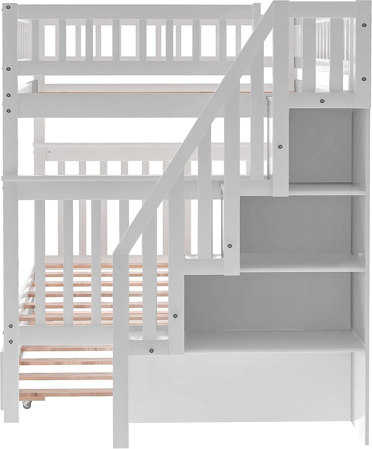 MERITLINE Stackable Full Over Full Bunk Bed with Twin Trundle and Stairway, Wood Full Over Storage Trundle Bunk Bed Frame for Kids, Separate to 2 Full Beds, White