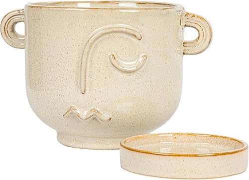 Miniatura 3 de Bloomingville Macetero de cerámica de 8.25 pulgadas con esmalte reactivo, asas y platillo, capacidad para macetas de 5 pulgadas, color crema