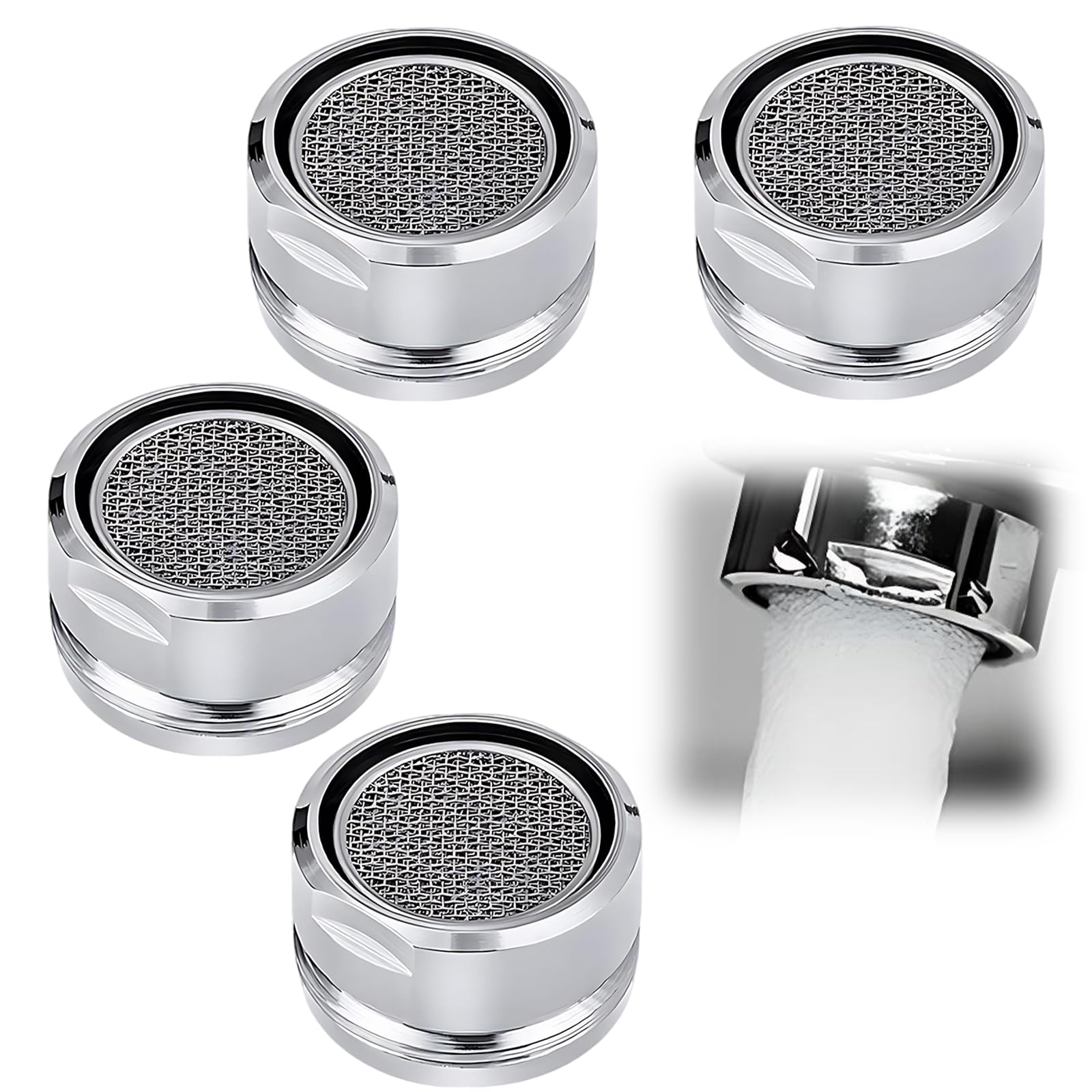 Chersun Silver 4 Pcs 24Mm Tap Aerators, Water Saver Spout Filter Mesh Tap Aerator Head Faucet With Gasket, Water Saving Faucet Nozzle Replacement Insert For Kitchen Sink Bathroom Restaurant Public
