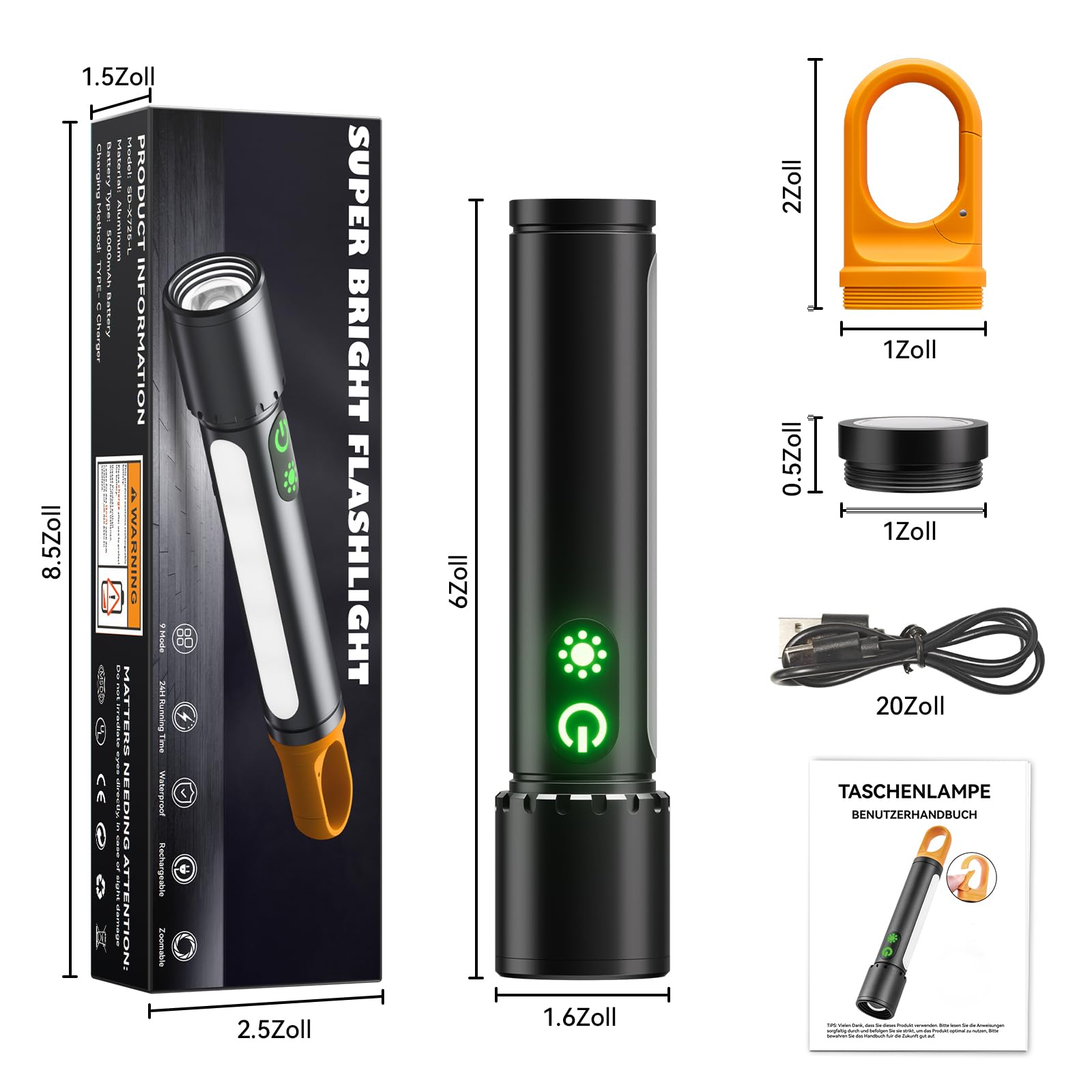 Linterna LED recargable 60.000 lúmenes, 9 modos, linterna LED extremadamente brillante XHP90.2 con zoom y IPX7, resistente al agua, linternas fuertes para camping, senderismo, emergencias