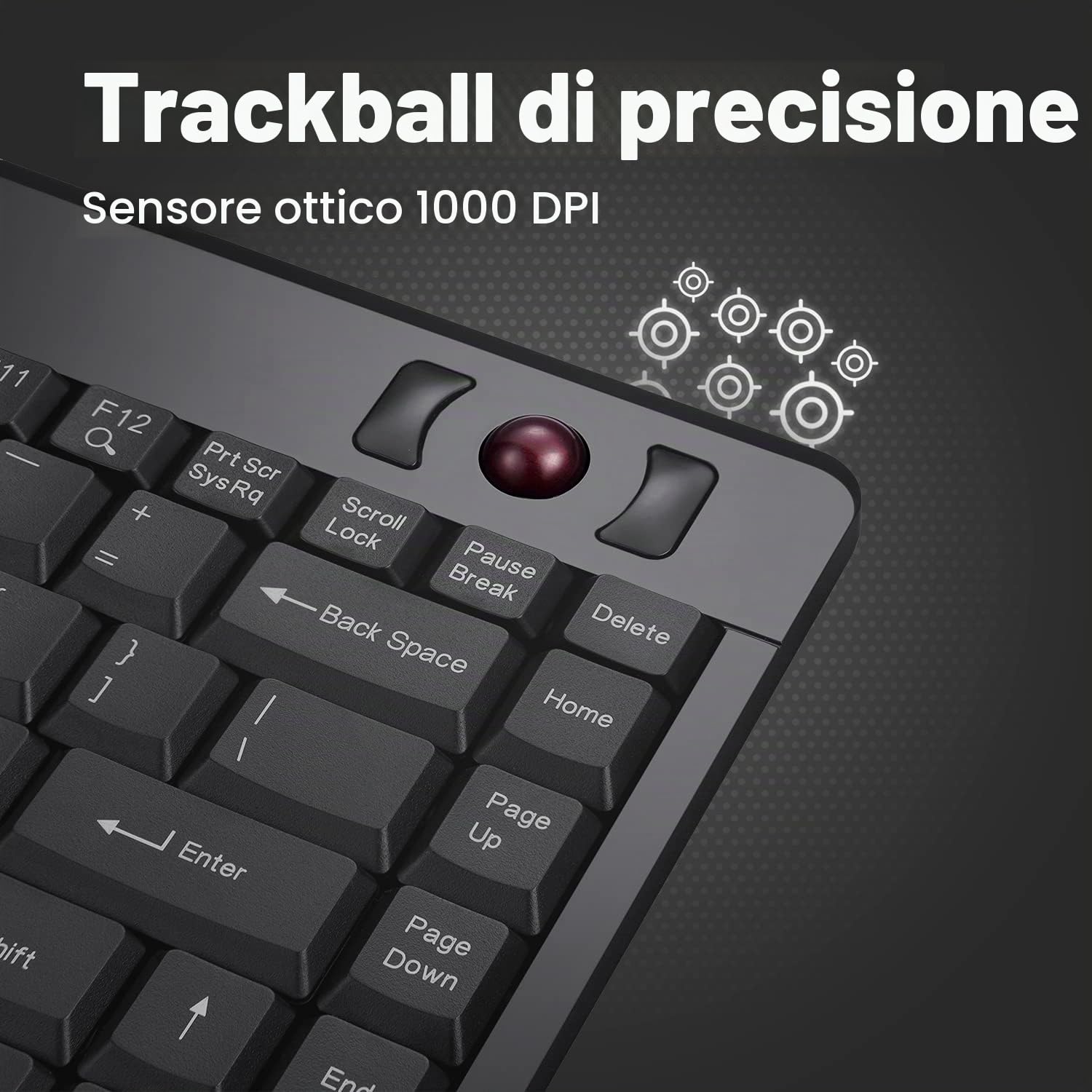 Perixx PERIBOARD-505H PLUS, Tastiera con trackball - USB - con cavo - con 2 porte USB Hub - 315x147x2 - Fit with Professional or Industrial Use - US English Layout