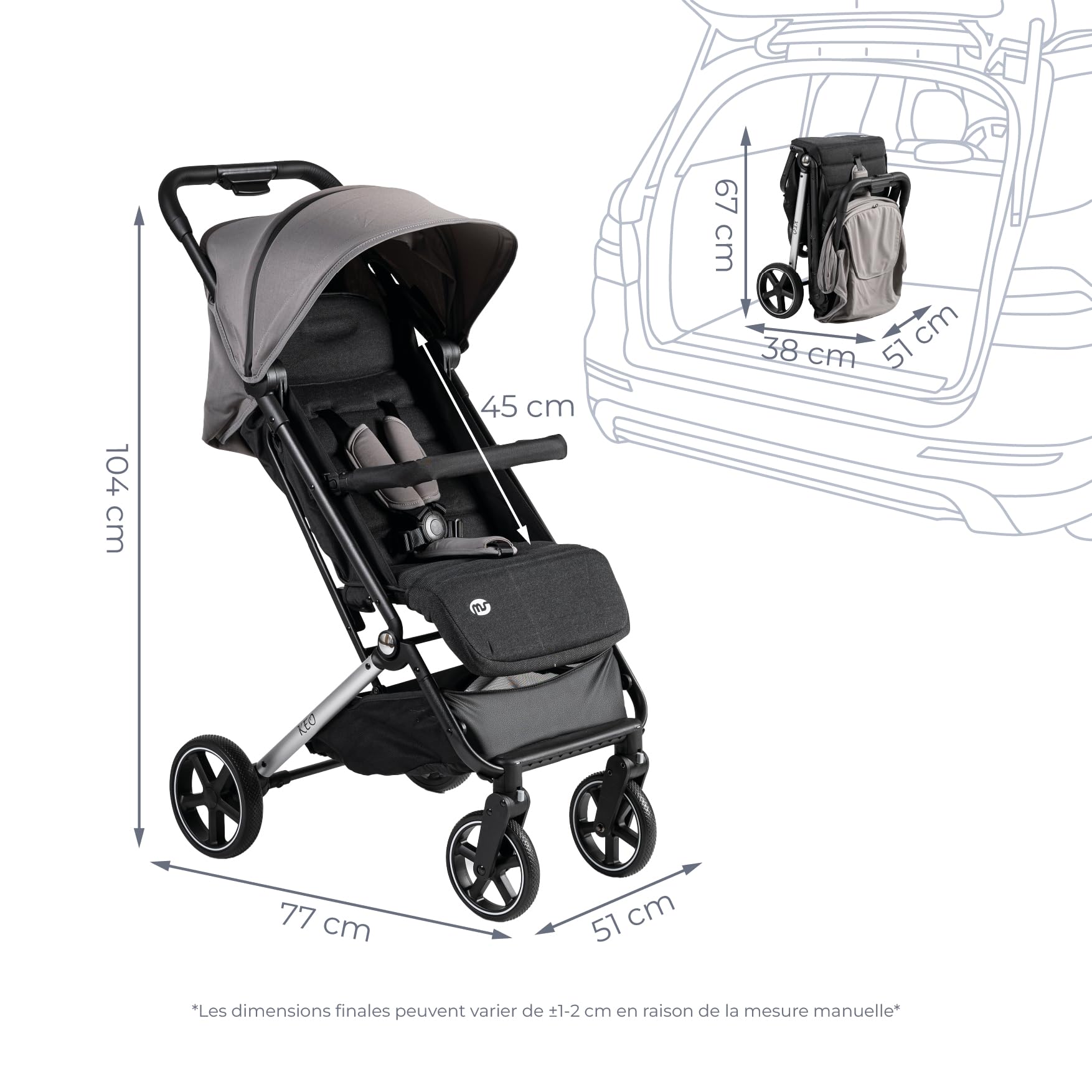 Poussette légère 22 kg Capote extensible Pliage livre Ultralégère compacte Grandes roues Gris Noir