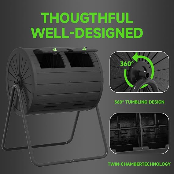 PatioZen Dual Chamber Tumbling Composter 45 Gallon Large Outdoor Tumbling Composter Efficient Batch Composting Easy Turn Design (Black 45Gal)