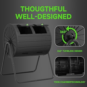 PatioZen Dual Chamber Tumbling Composter 45 Gallon Large Outdoor Tumbling Composter Efficient Batch Composting Easy Turn Design (Black 45Gal)