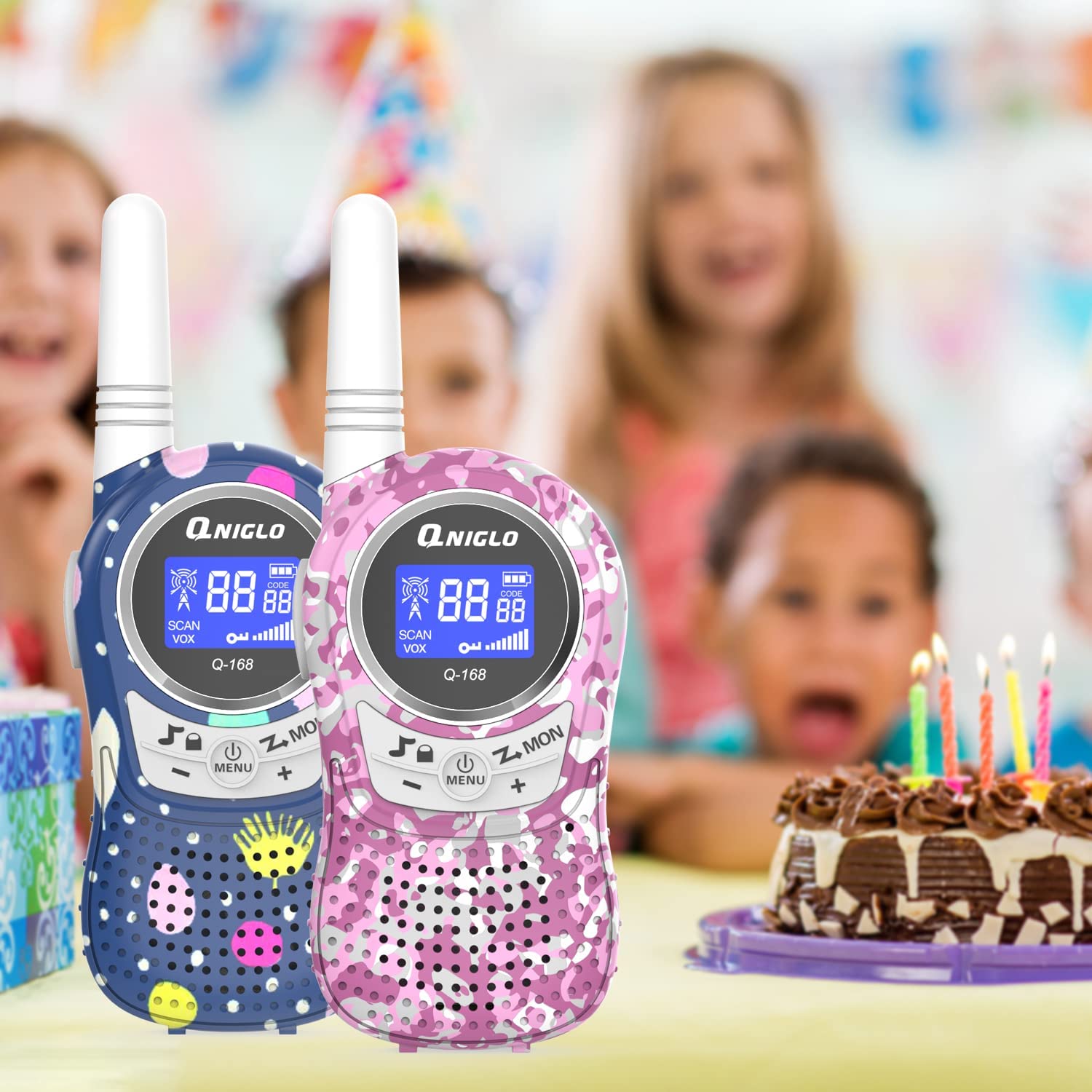 QNIGLO Q168Plus Camuflaje Walkie Talkie para Niñas, Comunicación Bidireccional 2Km Largo Alcance, Jugar&Aventura al Aire Libre,Juguetes Regalos para Niños, con Baterías de Litio(Camuflaje_RosaAzul)