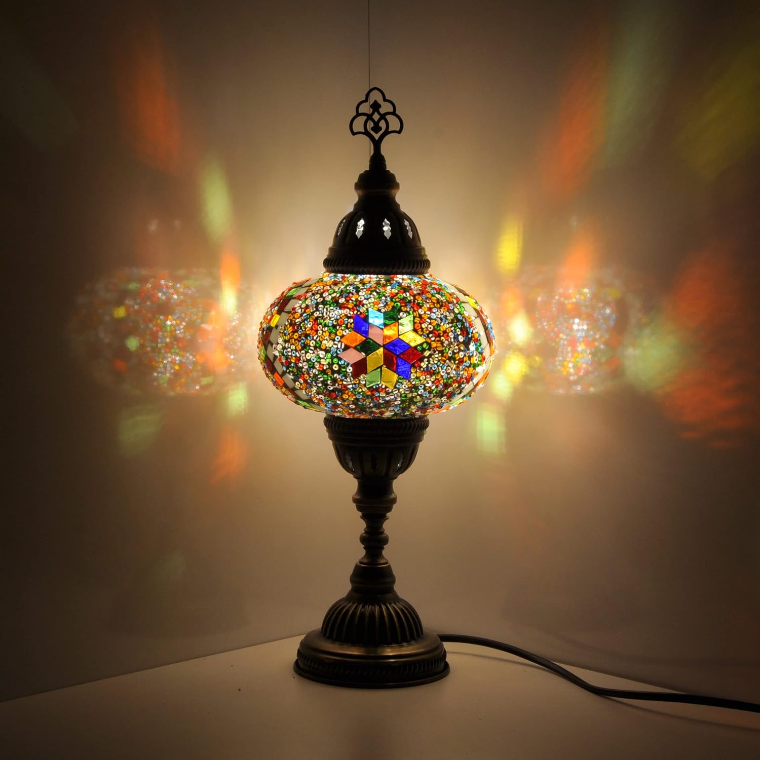 10 Variation Turkish Lamp Mosaic Table Lamps | Turkish Moroccan Lamp with Bronze Base | Handmade Tiffany Night Lamp | Mosaic Glass Bedside Night Lamp with Led Bulb (Multicolor)