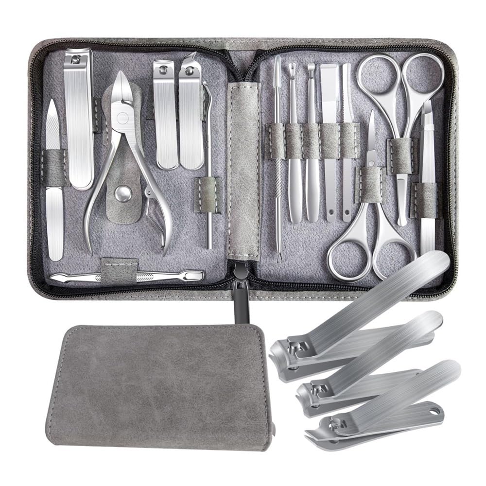 Kit de manicura y pedicura 15 en 1 de acero inoxidable con estuche de viaje, herramientas para el cuidado de las uñas de los pies, cortaúñas para los dedos de los pies y cortaúñas para las manos.
