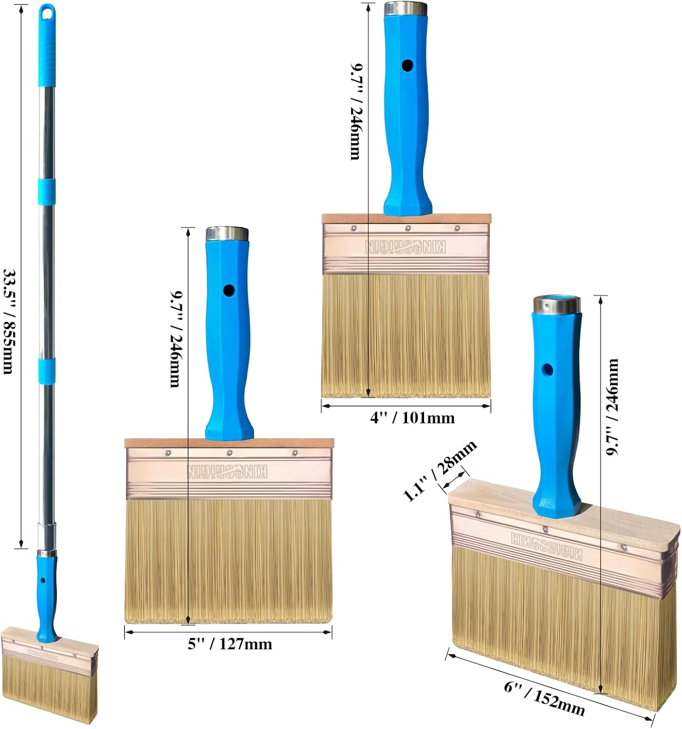 Deck Stain Brush, 3 PCS Wide Paint Brushes (4", 5", 6") for Faster Coverage with 1 Piece Extension Pole (33.5"), Stain Brushes for Wood, Deck, Walls, Fence and House