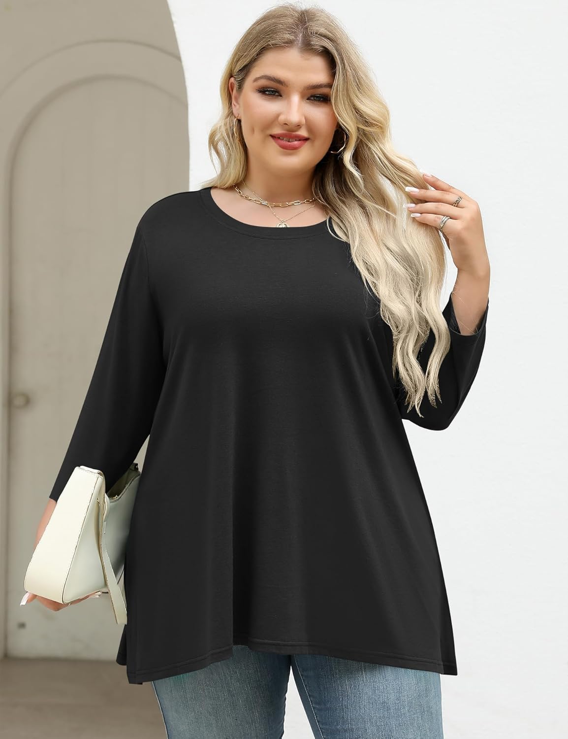 LOMON Womens Plus Size Tops 3/4 Length Sleeve Blouses Crew Neck Business Casual Tunic Tops with Asymmetrical Hem 1X-5X - Image 3