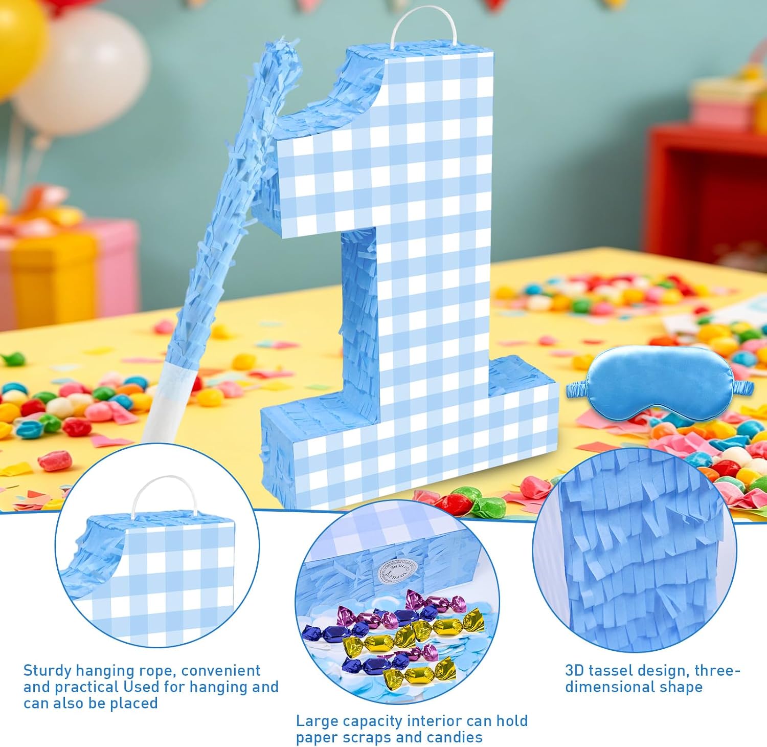 Blue Gingham Birthday Decorations, Gingham Number 1 Piñata with Blindfold Stick Blindfold Confetti for Gingham Birthday Party Supplies (blue gingham 1) image 3
