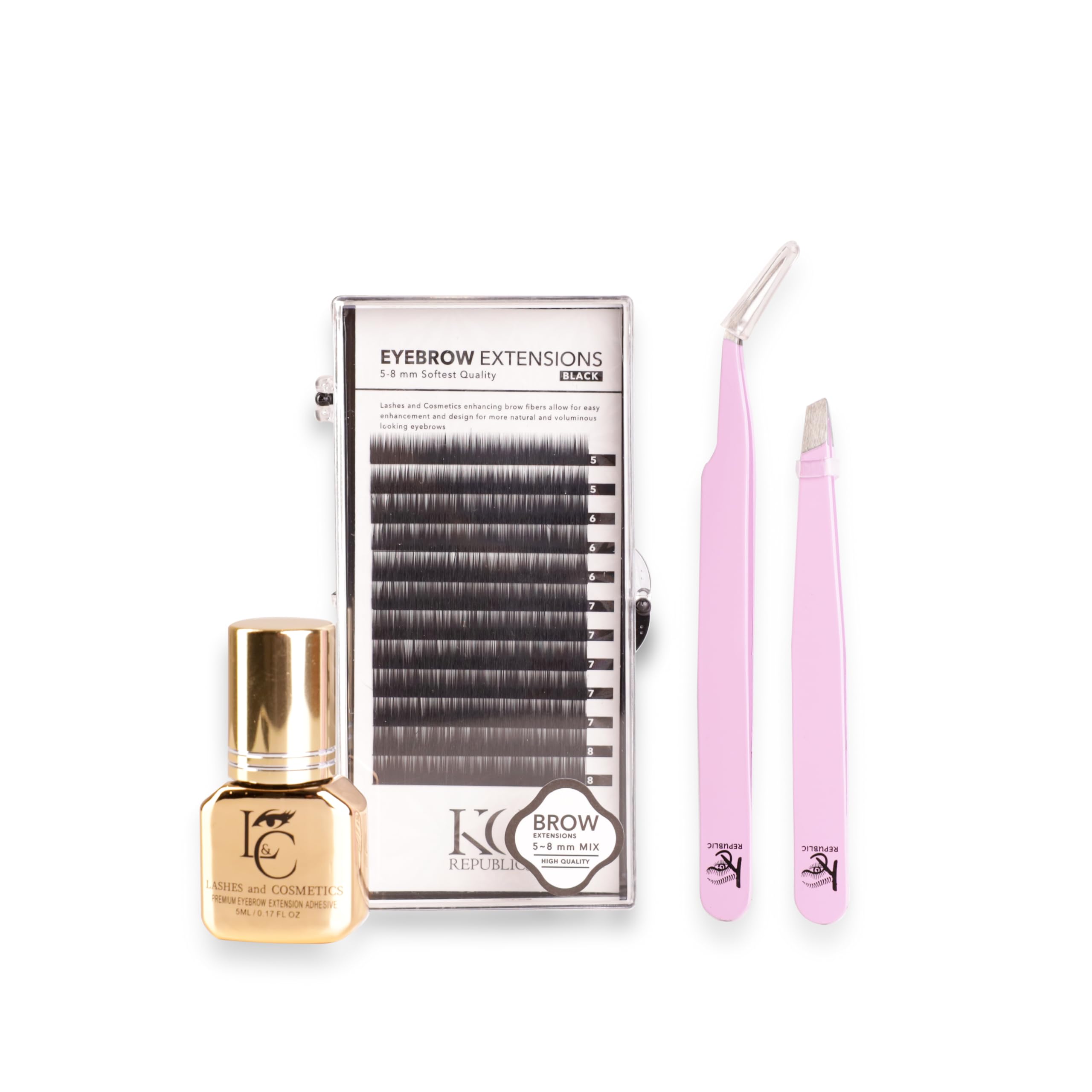 KC Republic Lash Eyebrow Extensions Kit with 1 x Trays of Mink False Eyebrows in Black Comes on Mixed Length Trays 5-8 mm, Eyebrow Glue Clear & Dual Pack (Straight & Curved Tip) Extension Tweezers