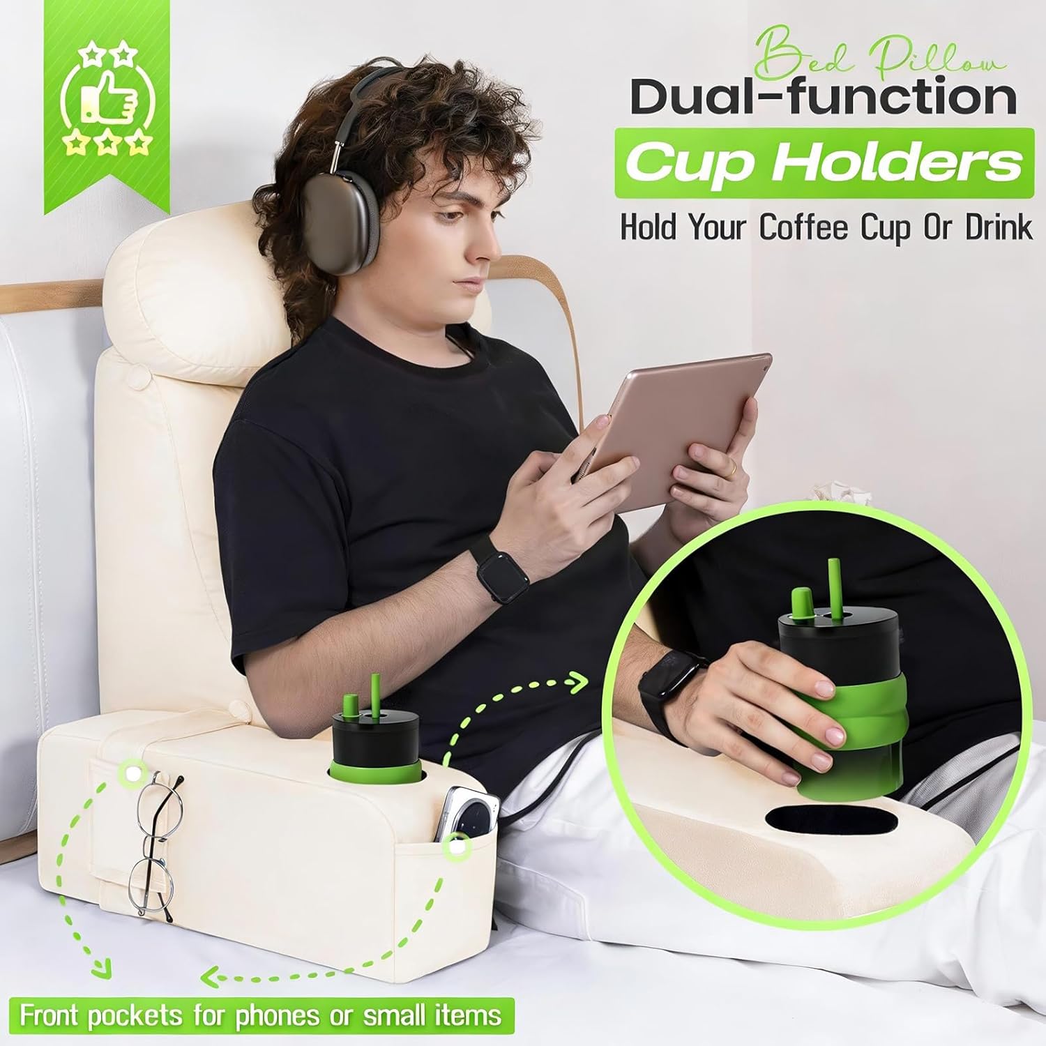 AS AWESLING 19 INCH Reading Pillow for Adults, Back Pillow for Bed Sitting Up, Backrest Pillow for Sitting in Bed, Detachable Arms with Built-in Cup & Phone Caddy (Beige, 19 INCH)