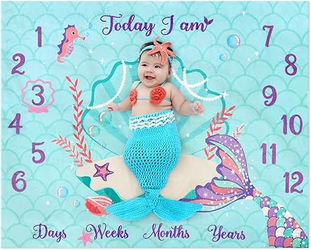 Eunikroko Nursery,Bedding,Blankets & Swaddlers,Blankets Mermaid Baby Monthly Milestone Blanket Mermaid Fleece Blankets Baby Girls Pictures Growth Tracker Photography Background Weeks Months with Props for Newborn Infants Shower Gift (50” x 40”)