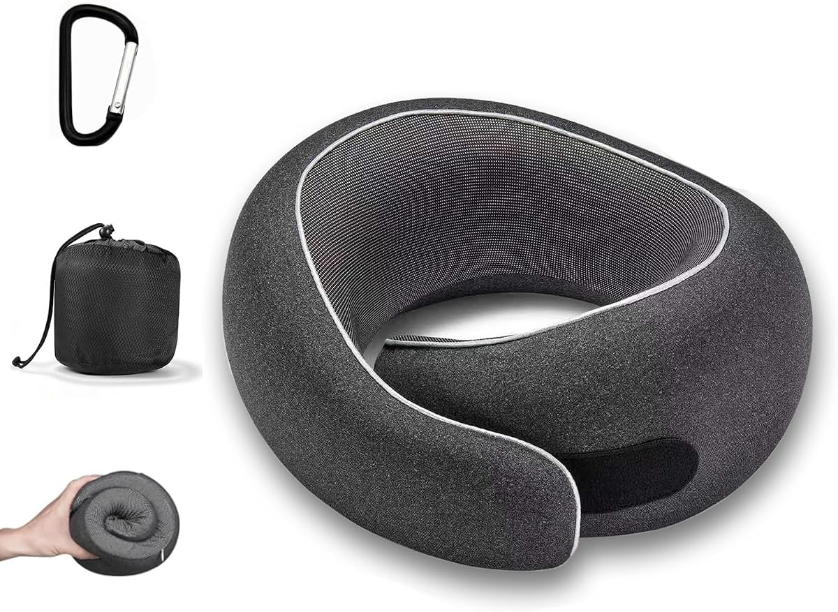 Travel Neck Pillow for Airplanes, Pure Memory Foam Neck Pillow with Washable Cover and Storage Bag, Ergonomic 360° Support for Sleeping, Car, Office, Home, Black