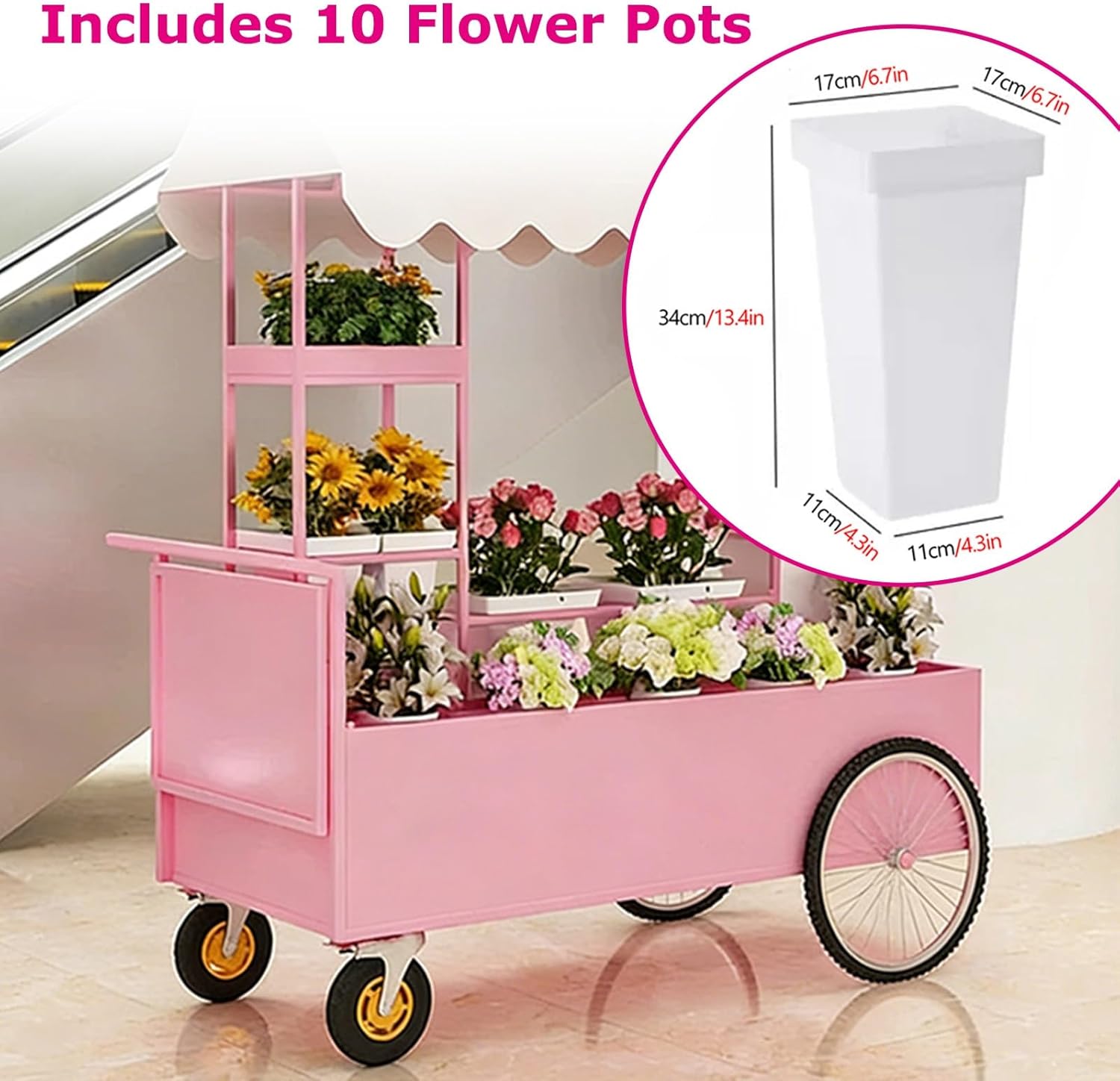 Wheeled Flower Cart for Sale, Outdoor Vendor Cart, Heavy-duty Load Capacity, Multi-tier Large-capacity Storage Cabinets, Foldable Partitions(White)